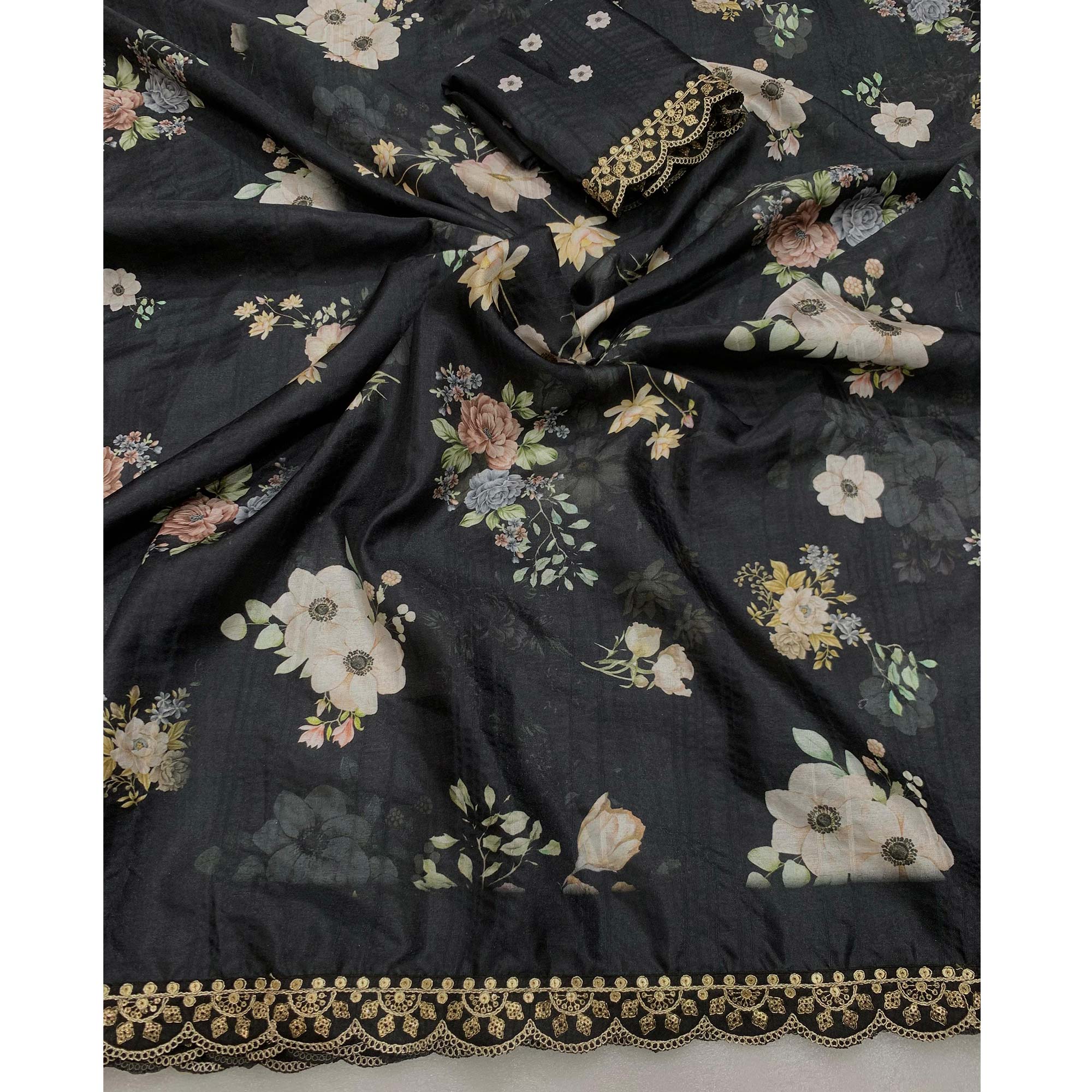Black Floral Digital Printed Tussar Silk Saree With Sequins Embroidered Border