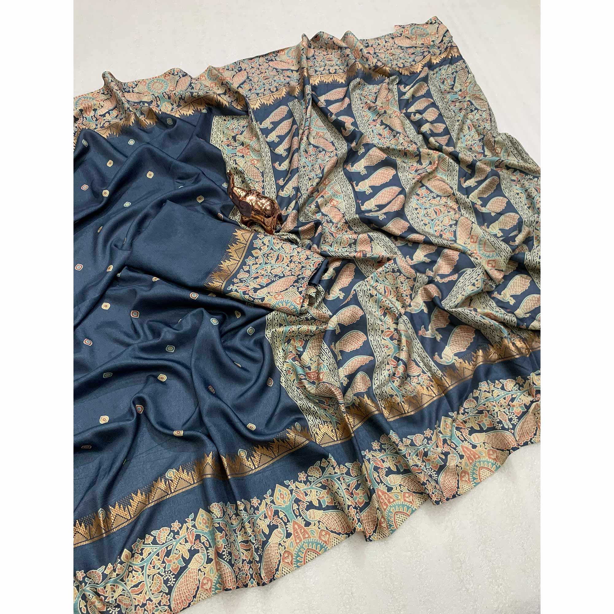 Grey Cotton Silk Saree with Zari-Woven Border and Subtle Printed Accents