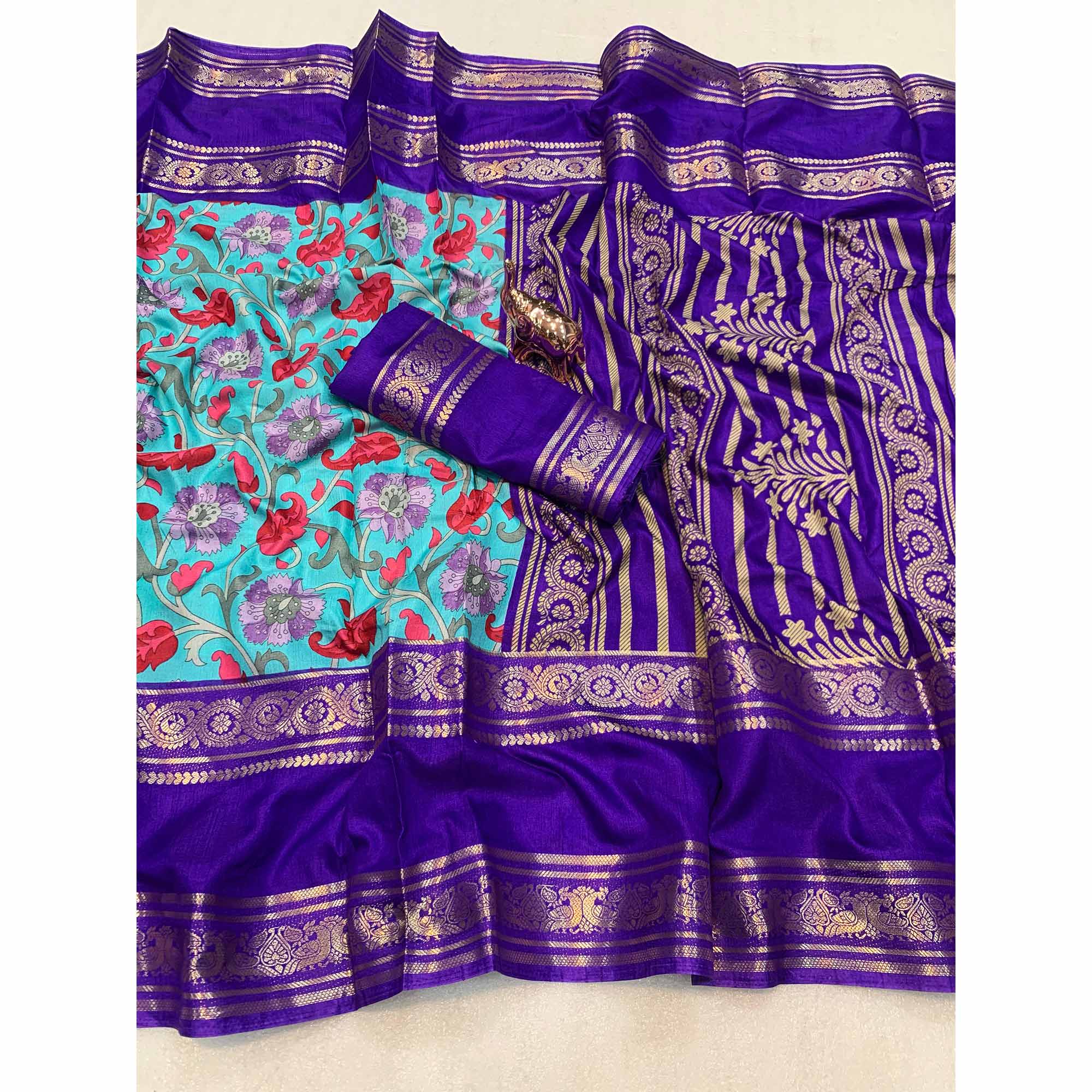 Turquoise Saree In Dola Silk Featuring Floral Kalamkari Print & Rich Jacquard Border