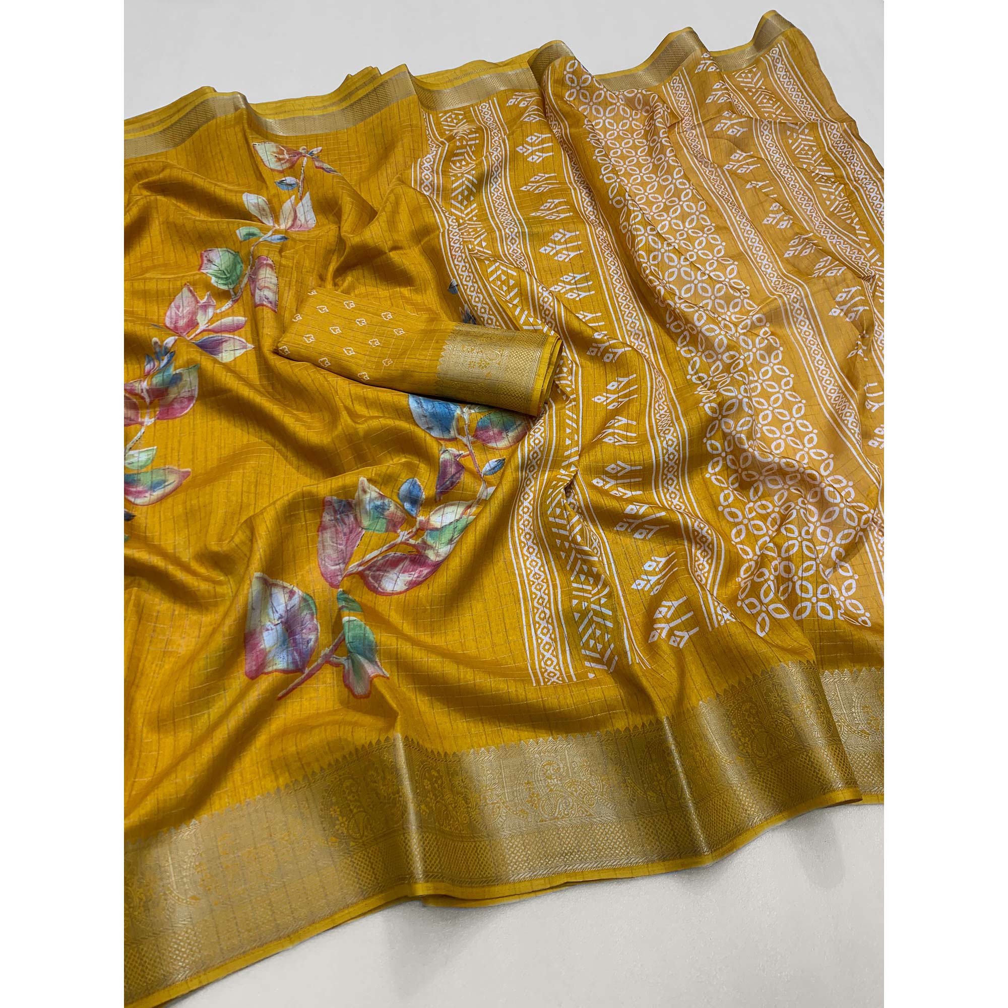 Mustard Floral Printed With Woven Dola Silk Saree