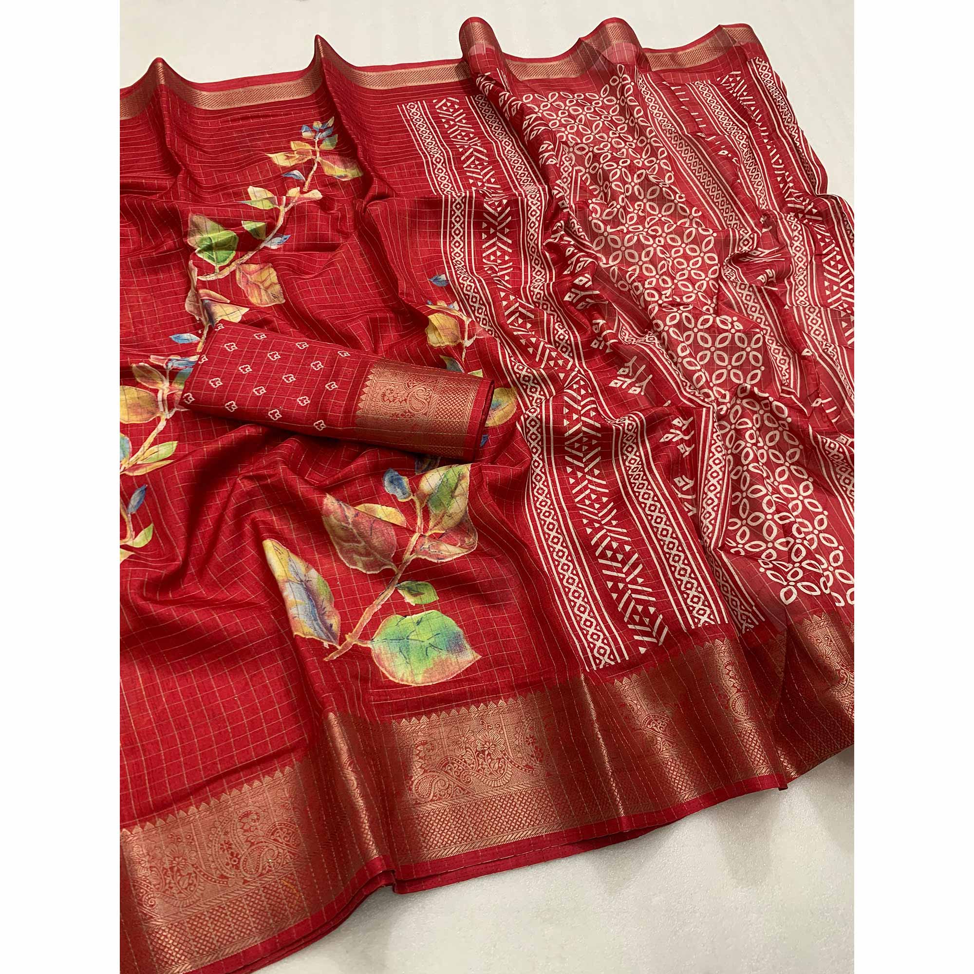 Red Floral Printed With Woven Dola Silk Saree