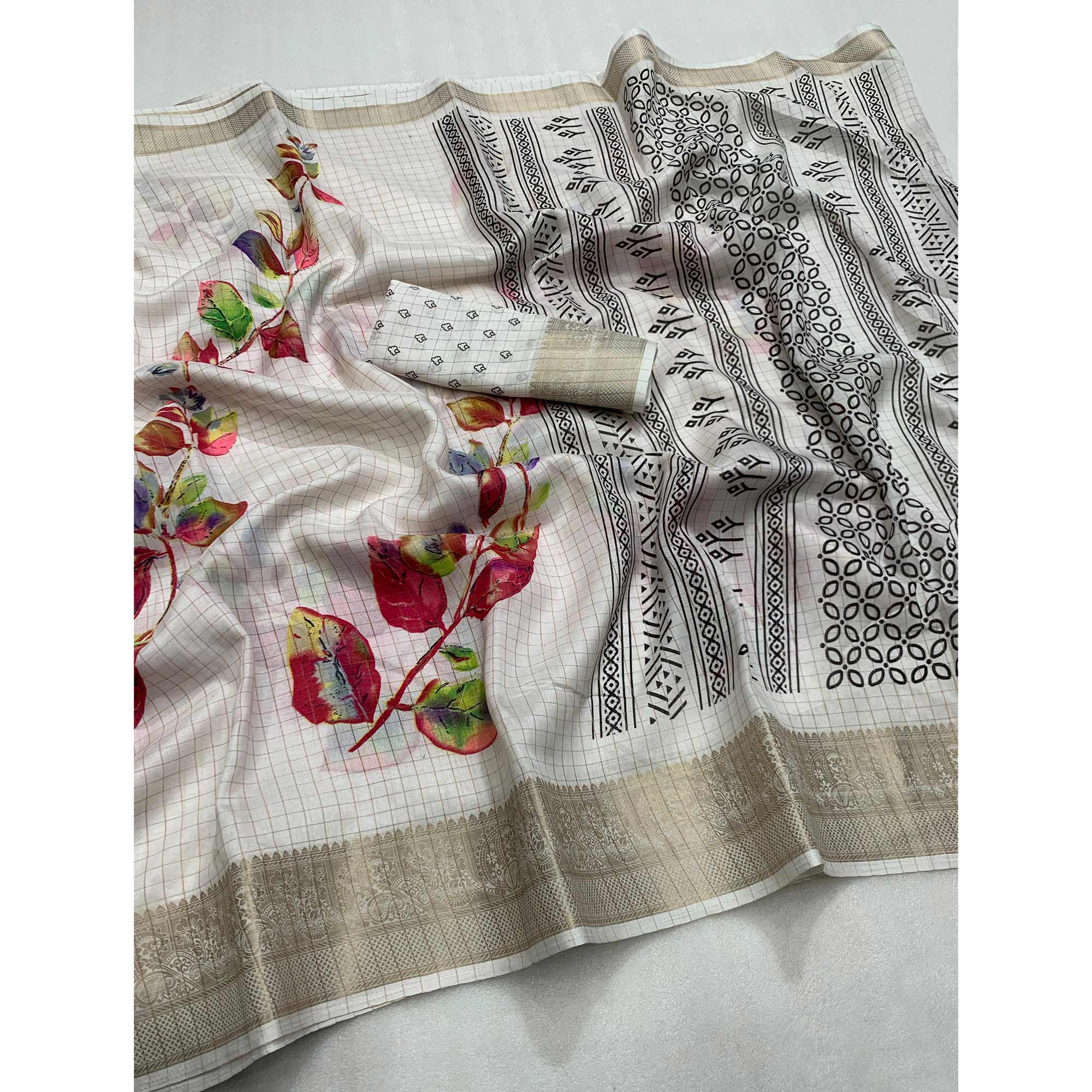 White Floral Printed With Woven Dola Silk Saree