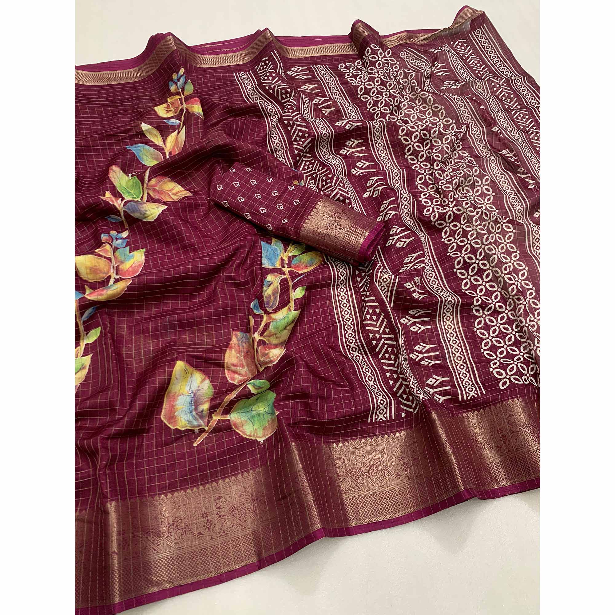 Wine Floral Printed With Woven Dola Silk Saree