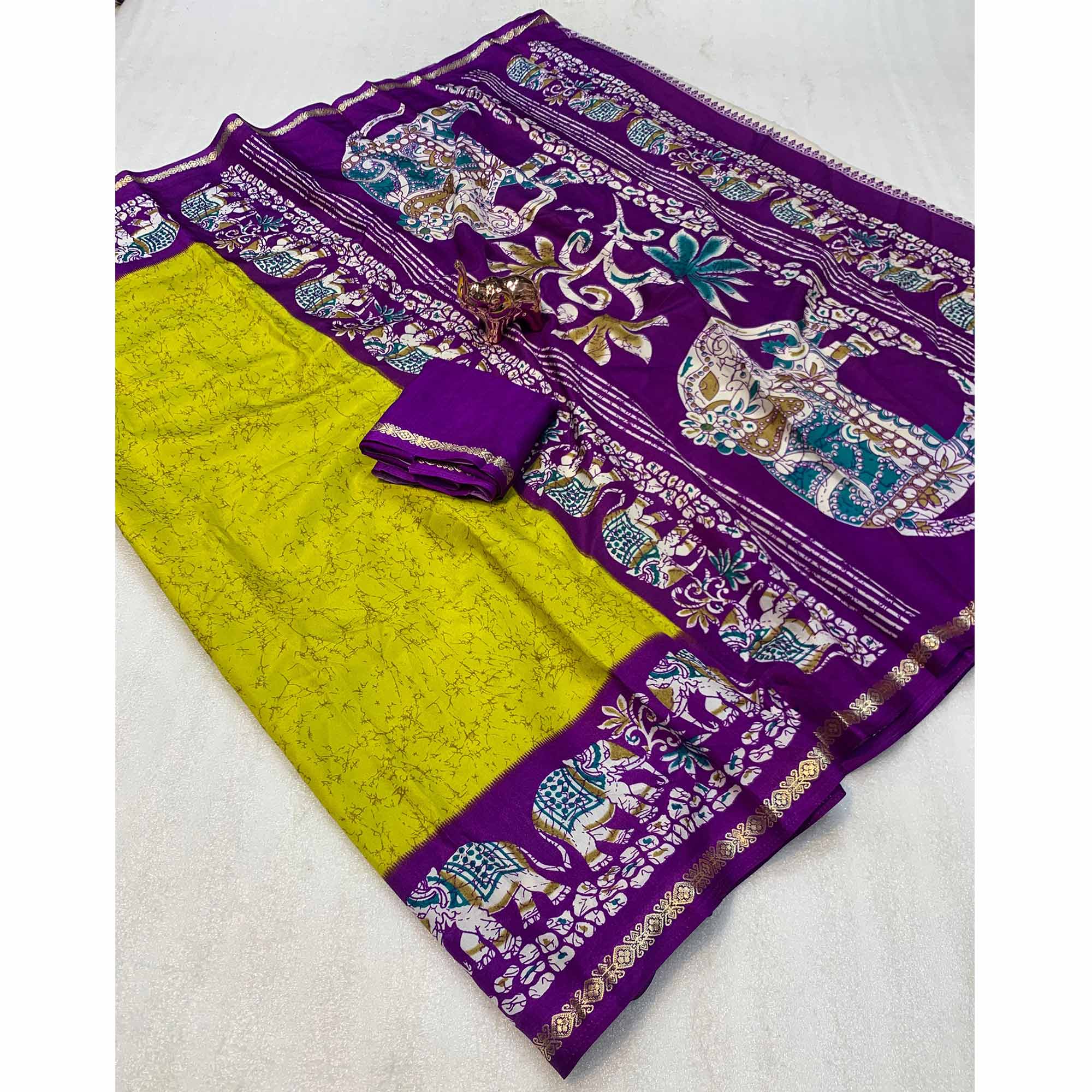 Lime Yellow Dola Silk Saree With Abstract Patterns And Kalamkari Pallu Art
