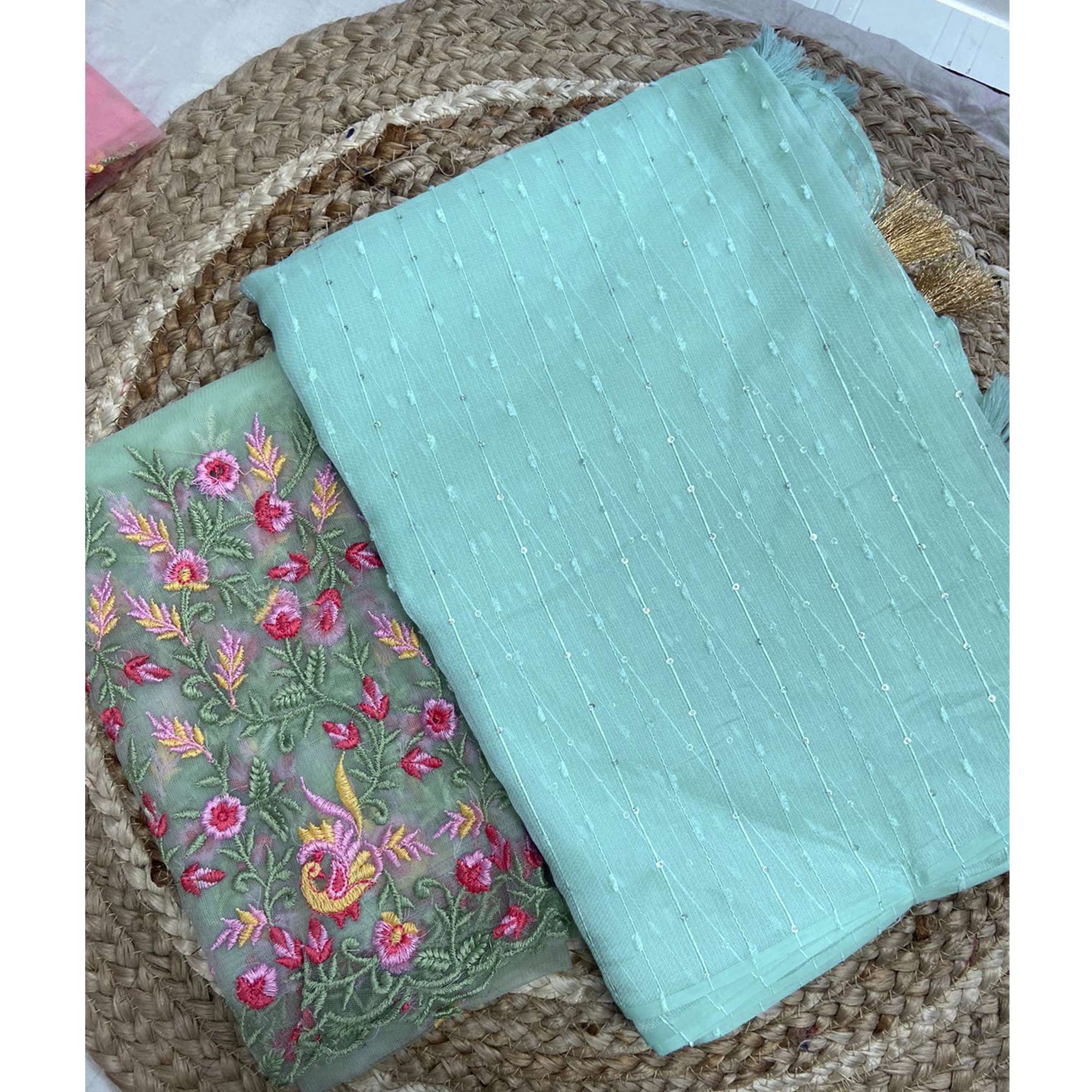 Blue Sequins Embroidered Organza Saree With Tassels