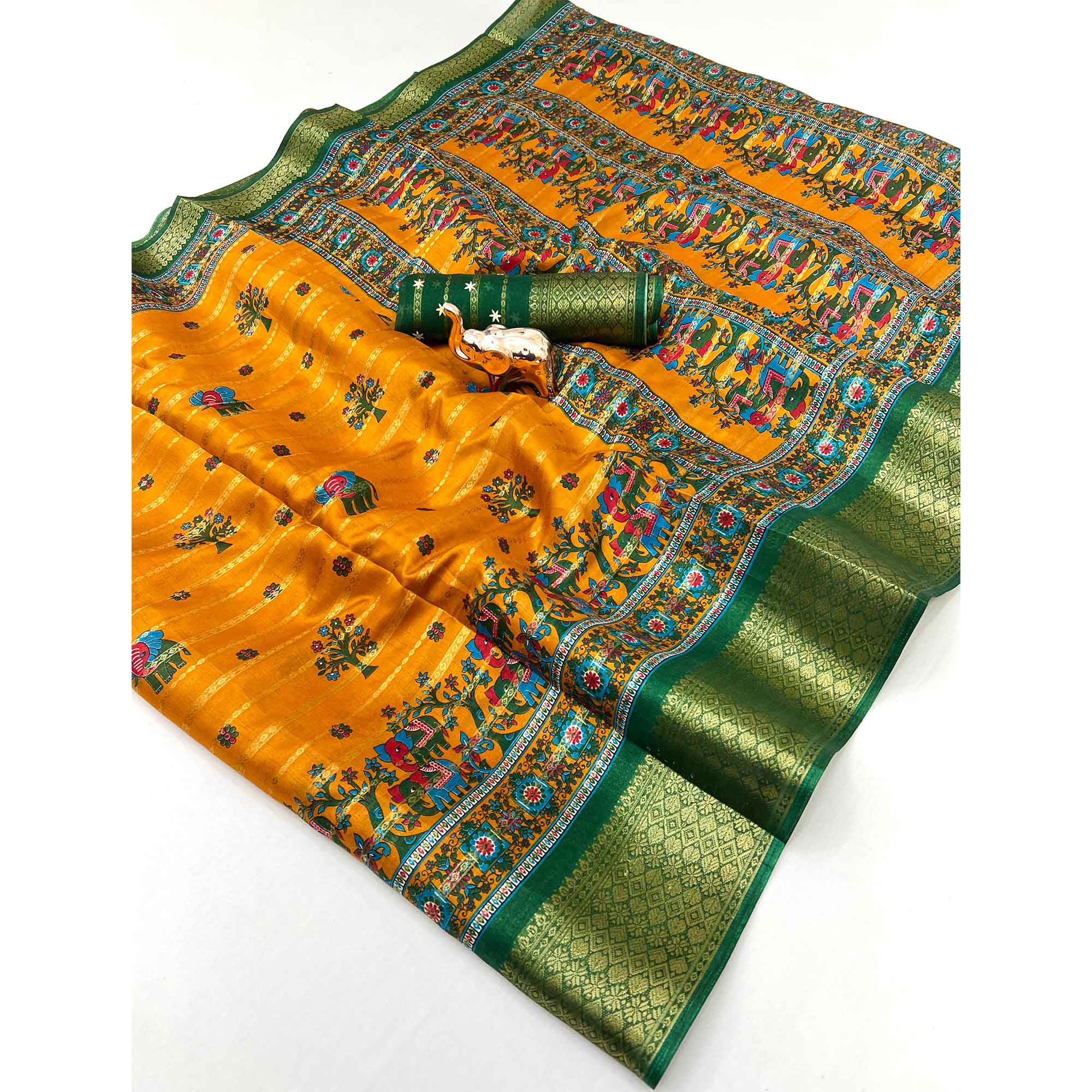Regal Mustard Weaving Dola Silk Saree Adorned With Artistic Elephant & Floral Print