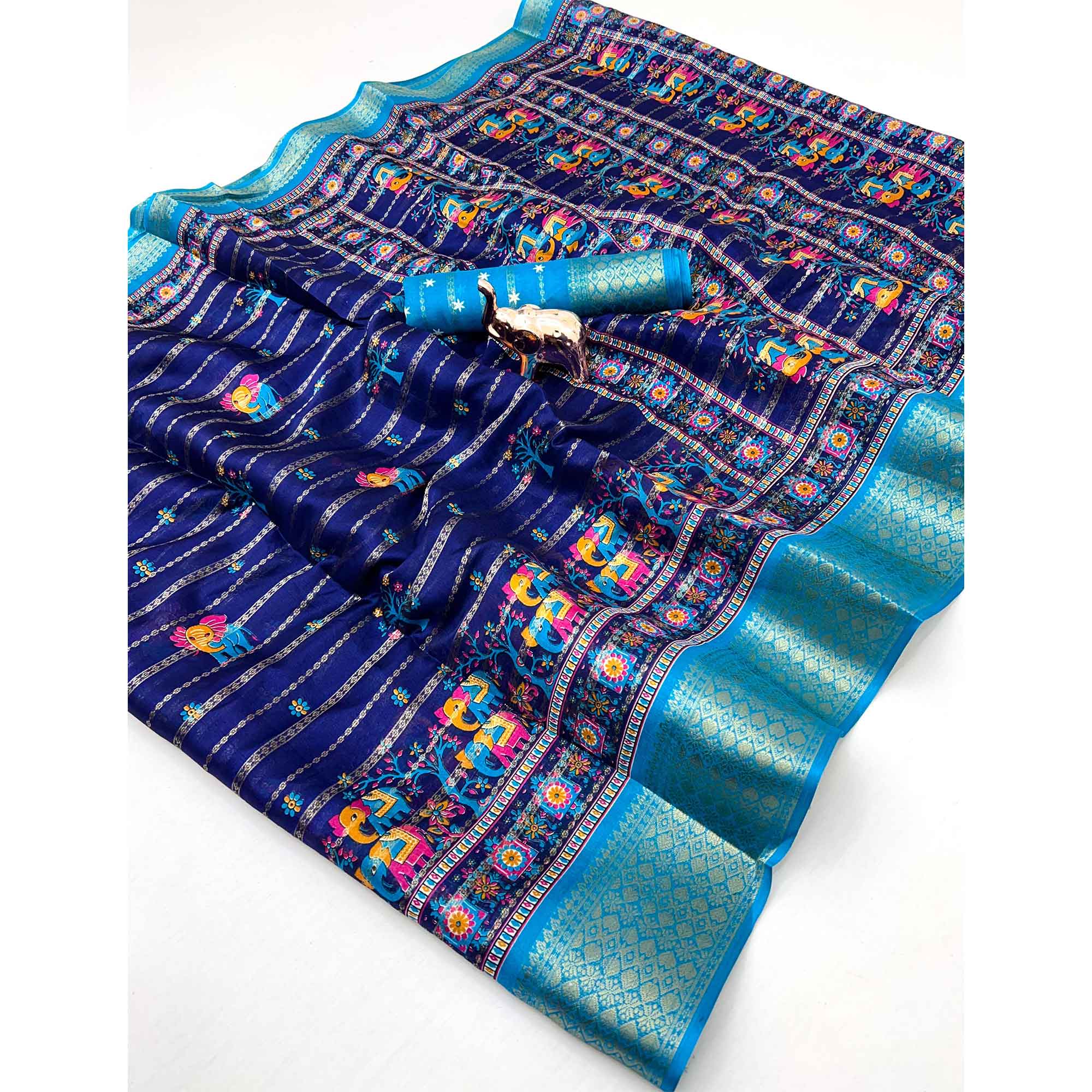 Regal Navy Blue Weaving Dola Silk Saree Adorned With Artistic Elephant & Floral Print
