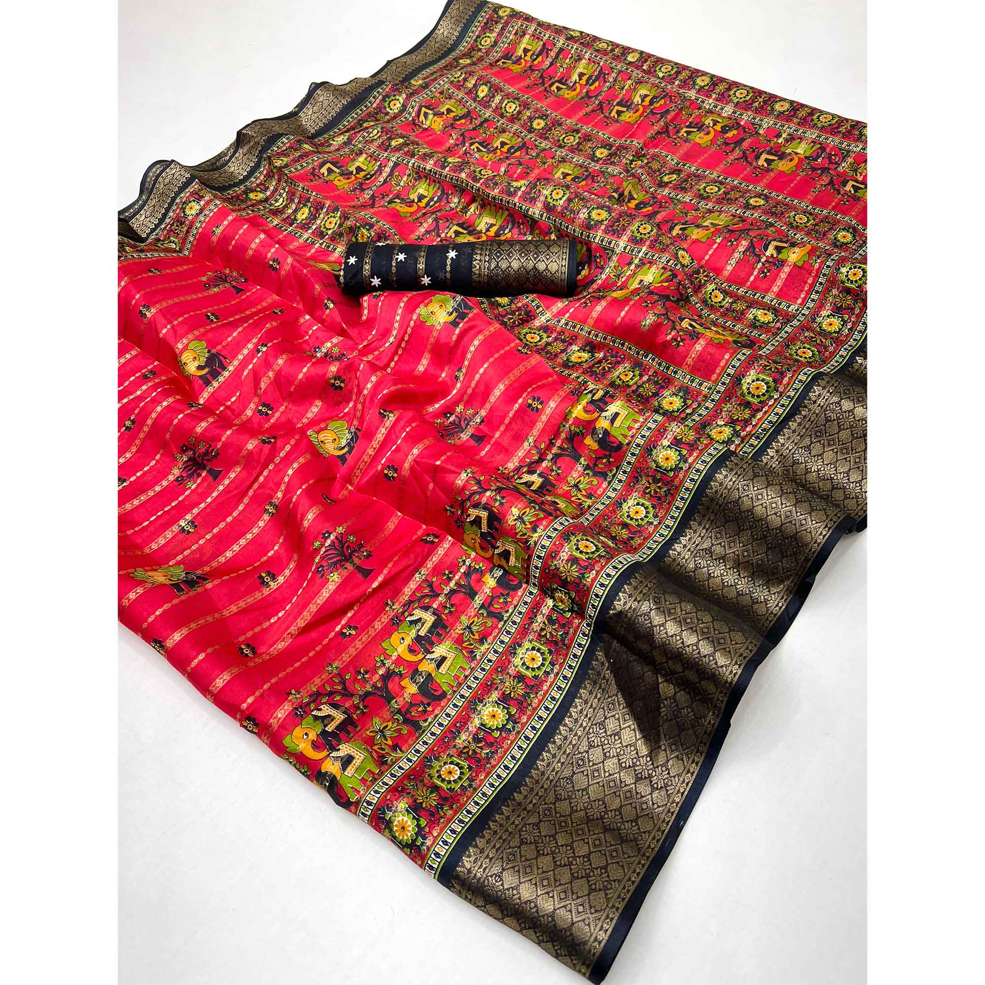 Regal Pink Weaving Dola Silk Saree Adorned With Artistic Elephant & Floral Print