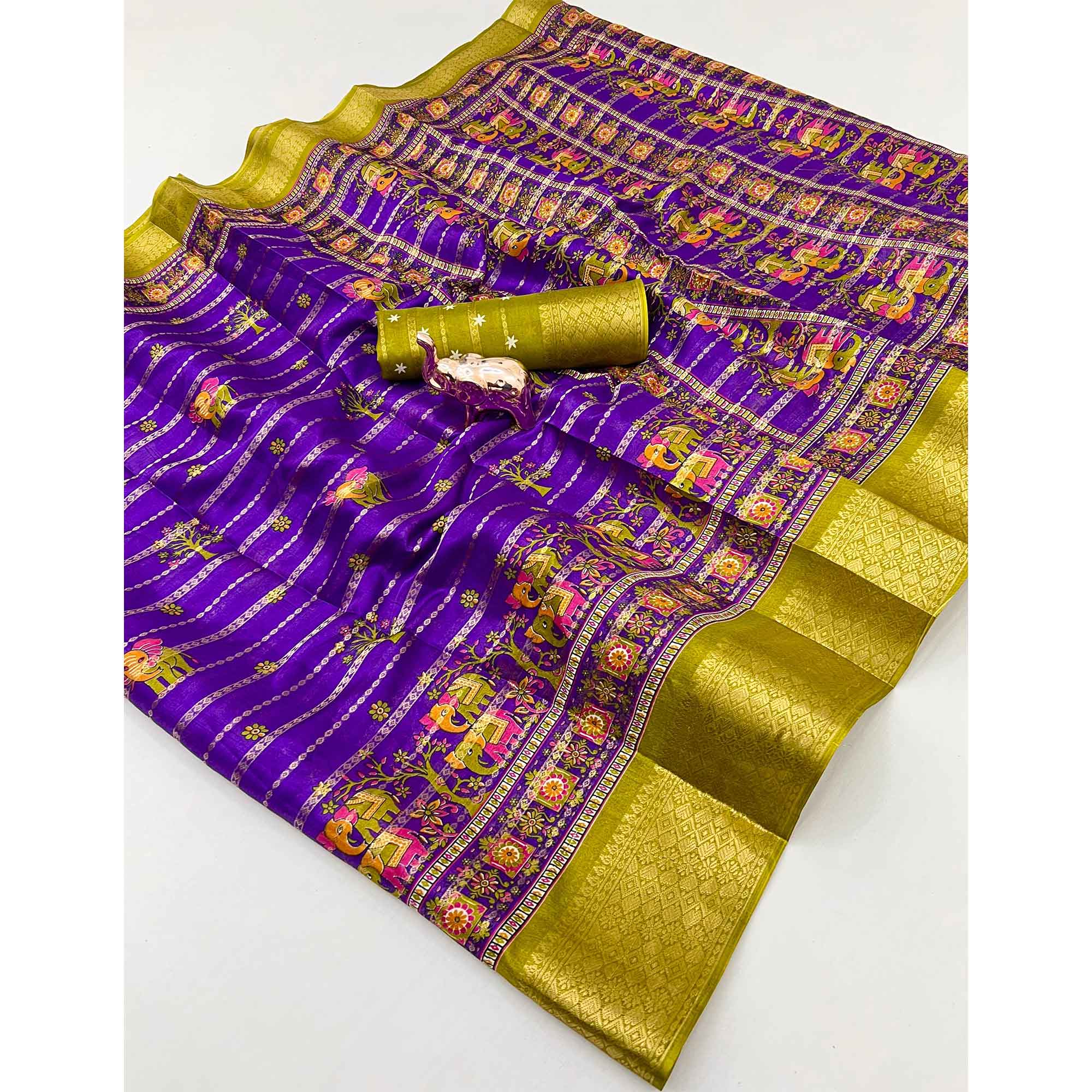 Regal Purple Weaving Dola Silk Saree Adorned With Artistic Elephant & Floral Print