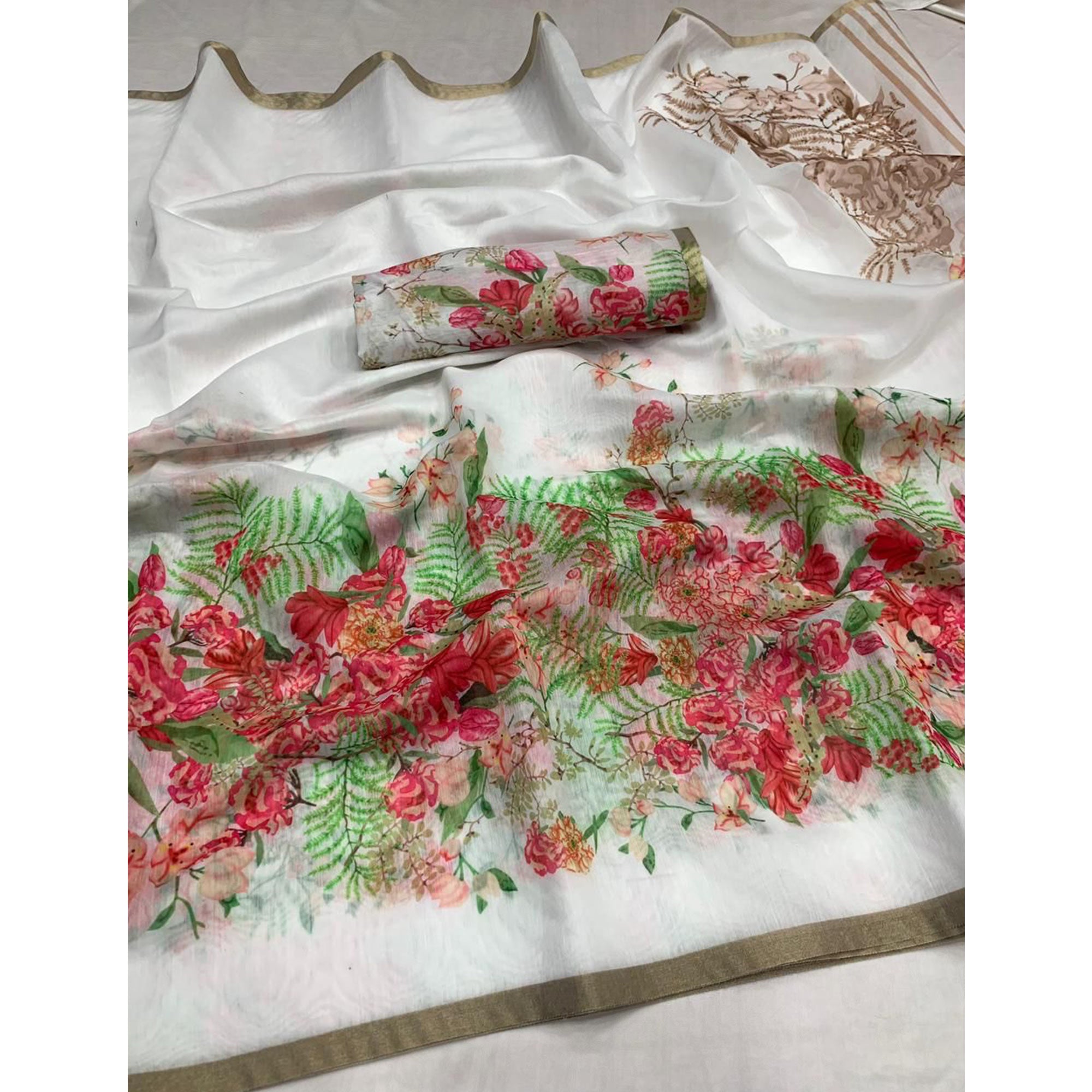 White Floral Digital Printed Linen Saree