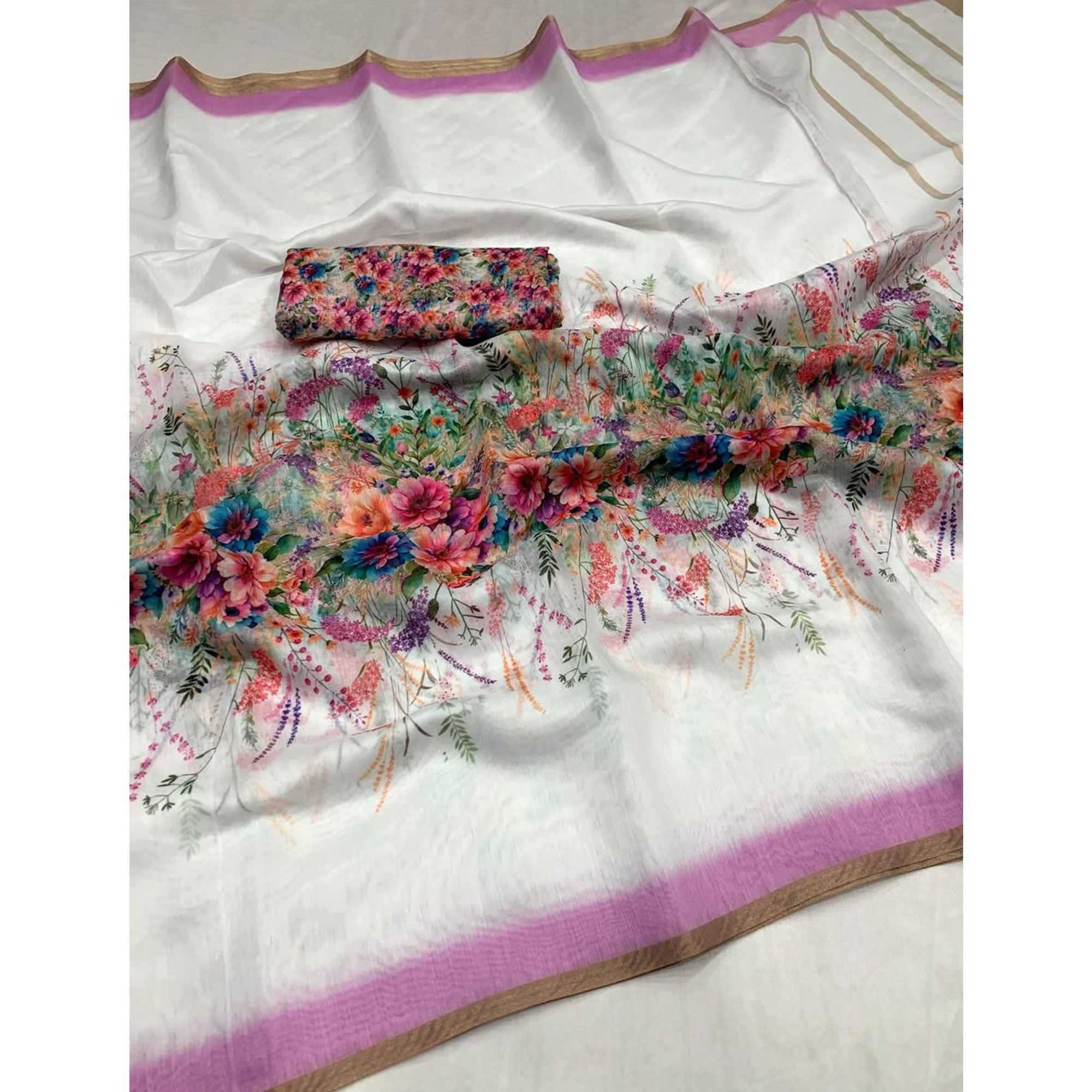 White & Purple Floral Digital Printed Linen Saree