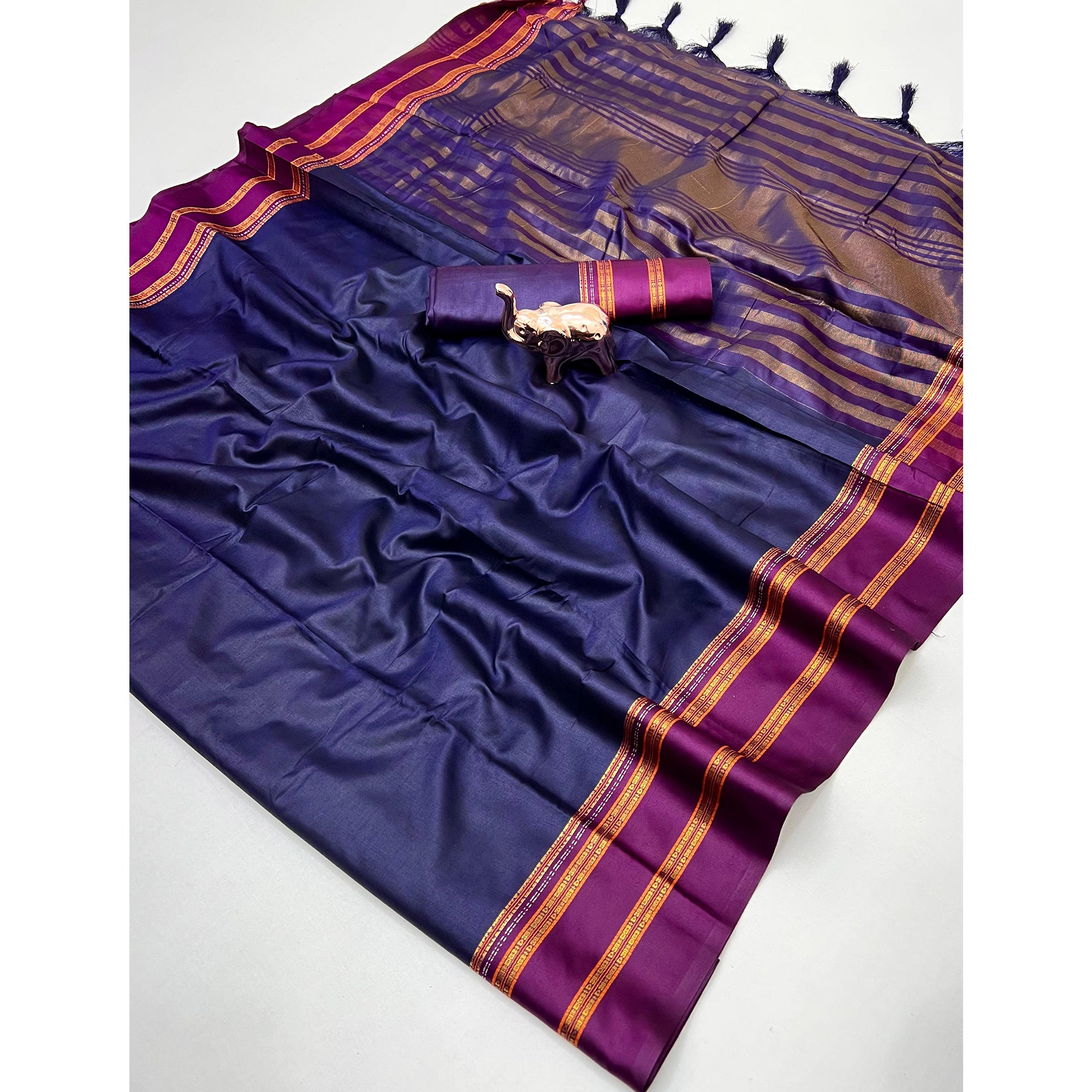 Classic Navy Blue Solid Weaving Pure Silk Saree Accented With Woven Striped Pallu & Tassel Finish