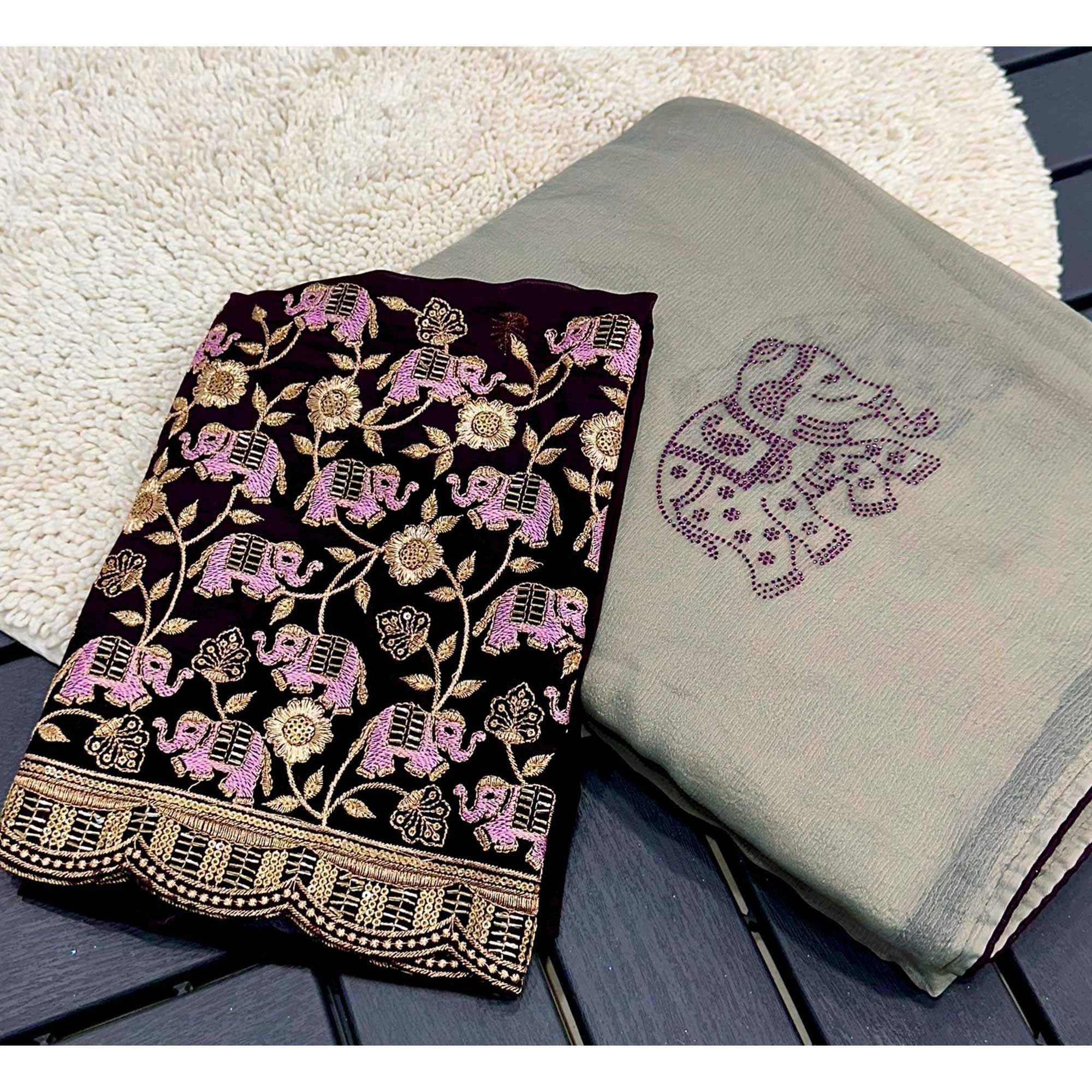 Grey Swarovski Embroidered Art Silk Saree