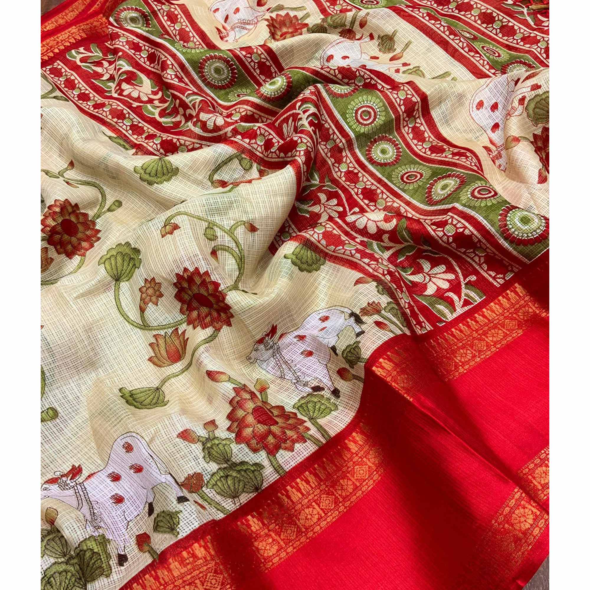 Cream Floral Printed Kota Doria Saree