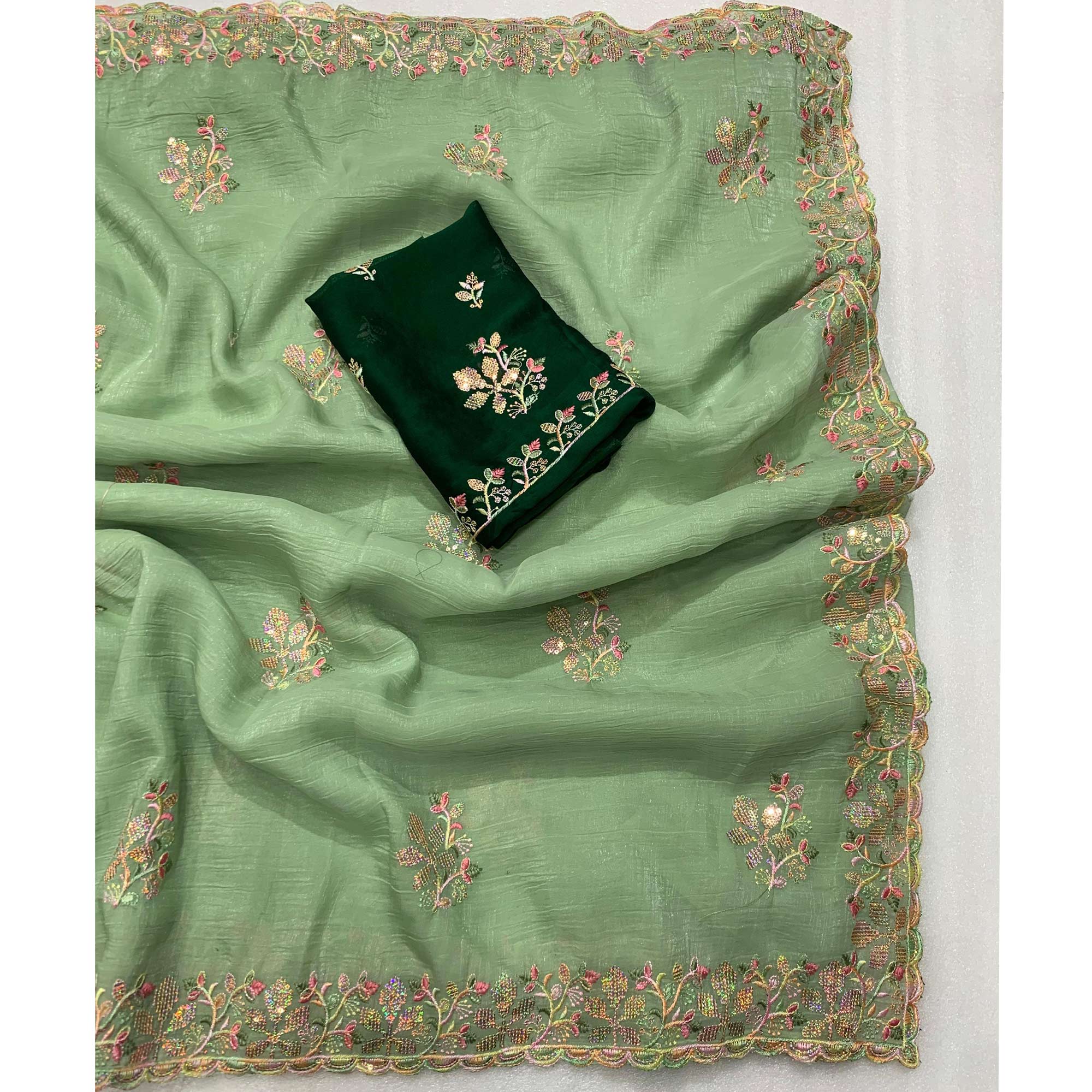 Green Floral Embroidered Crunchy Chiffon Saree