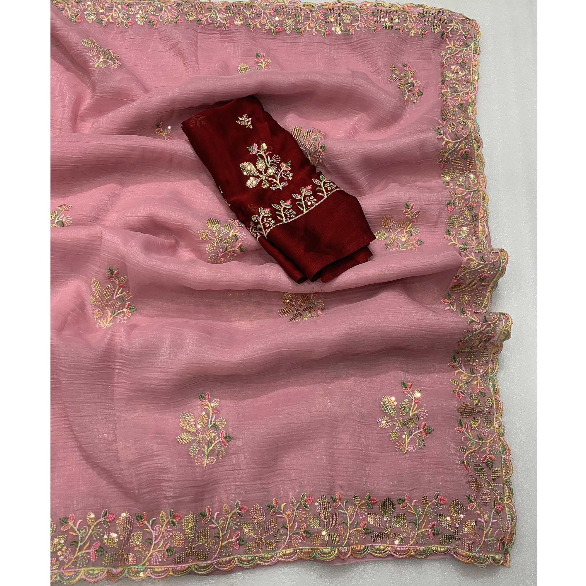 Pink Floral Embroidered Crunchy Chiffon Saree
