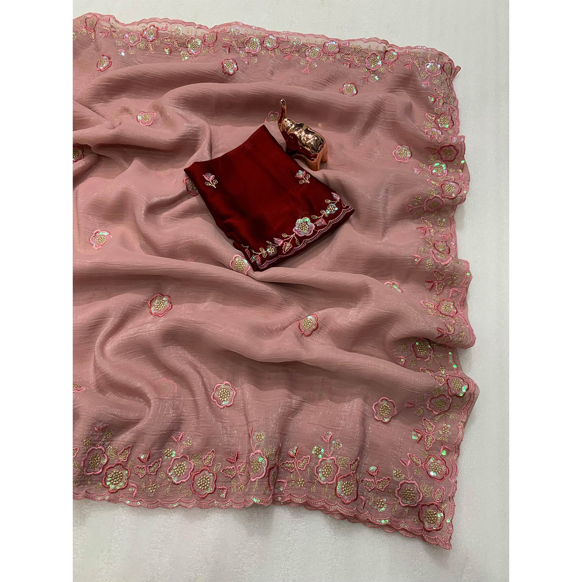 Dusty Peach Floral Sequins Embroidered Chiffon Saree