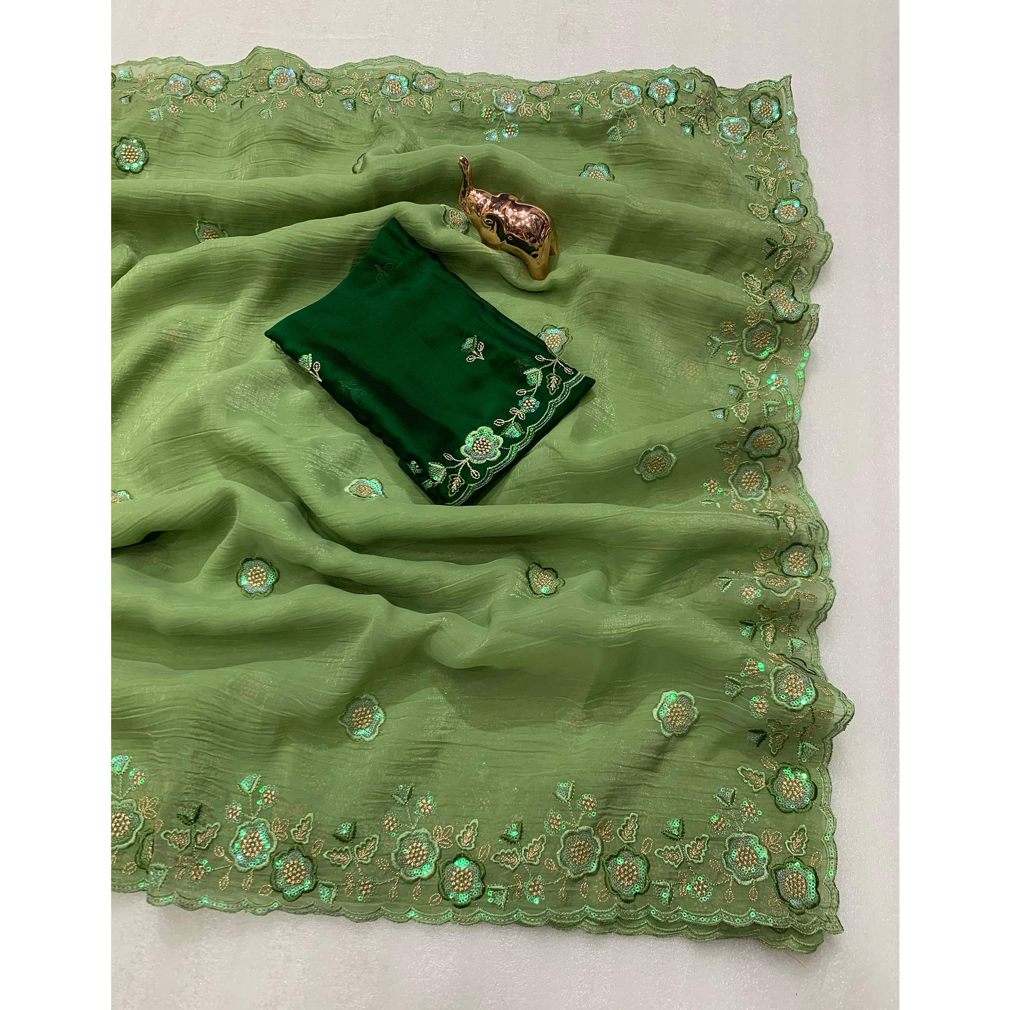 Green Floral Sequins Embroidered Chiffon Saree