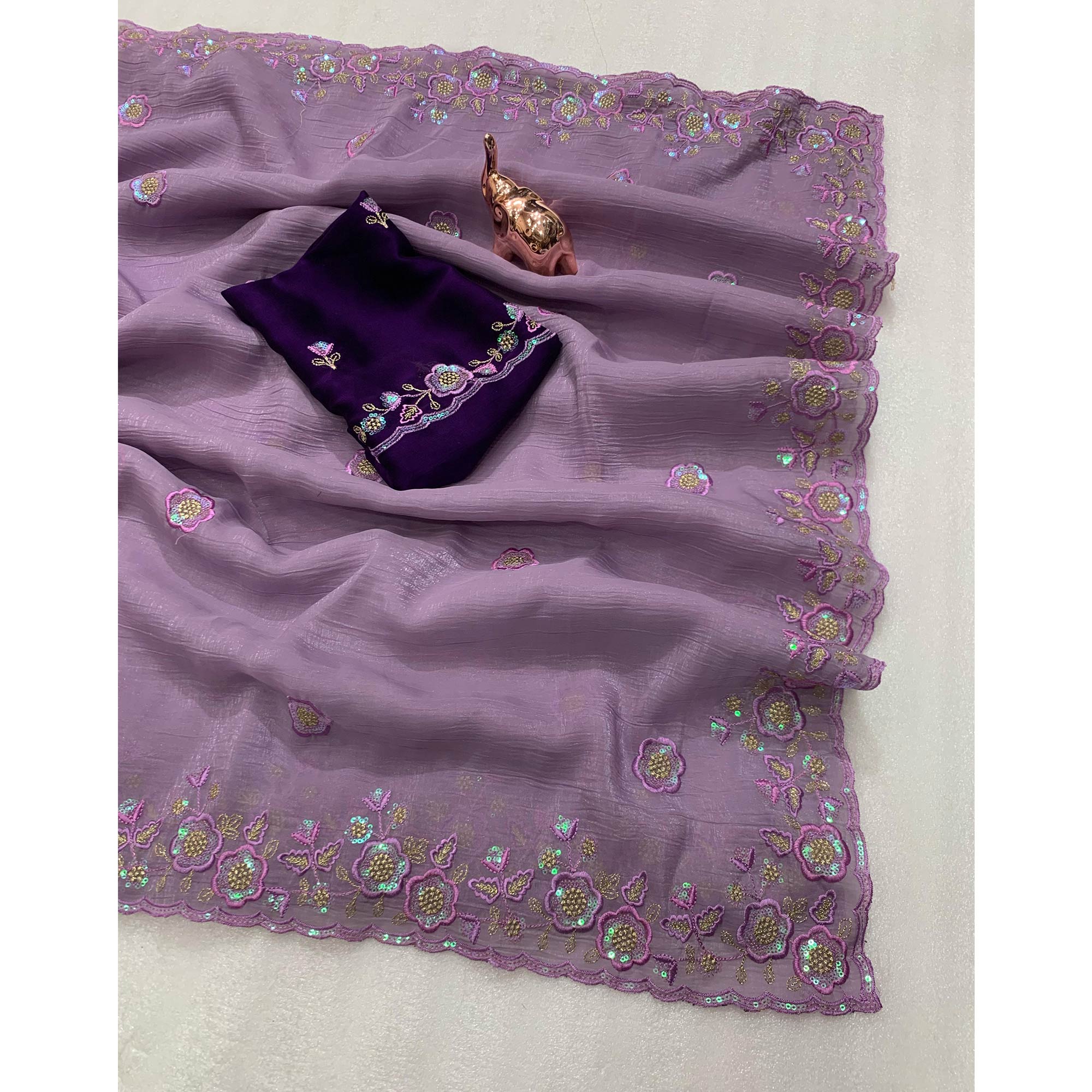 Lavender Floral Sequins Embroidered Chiffon Saree