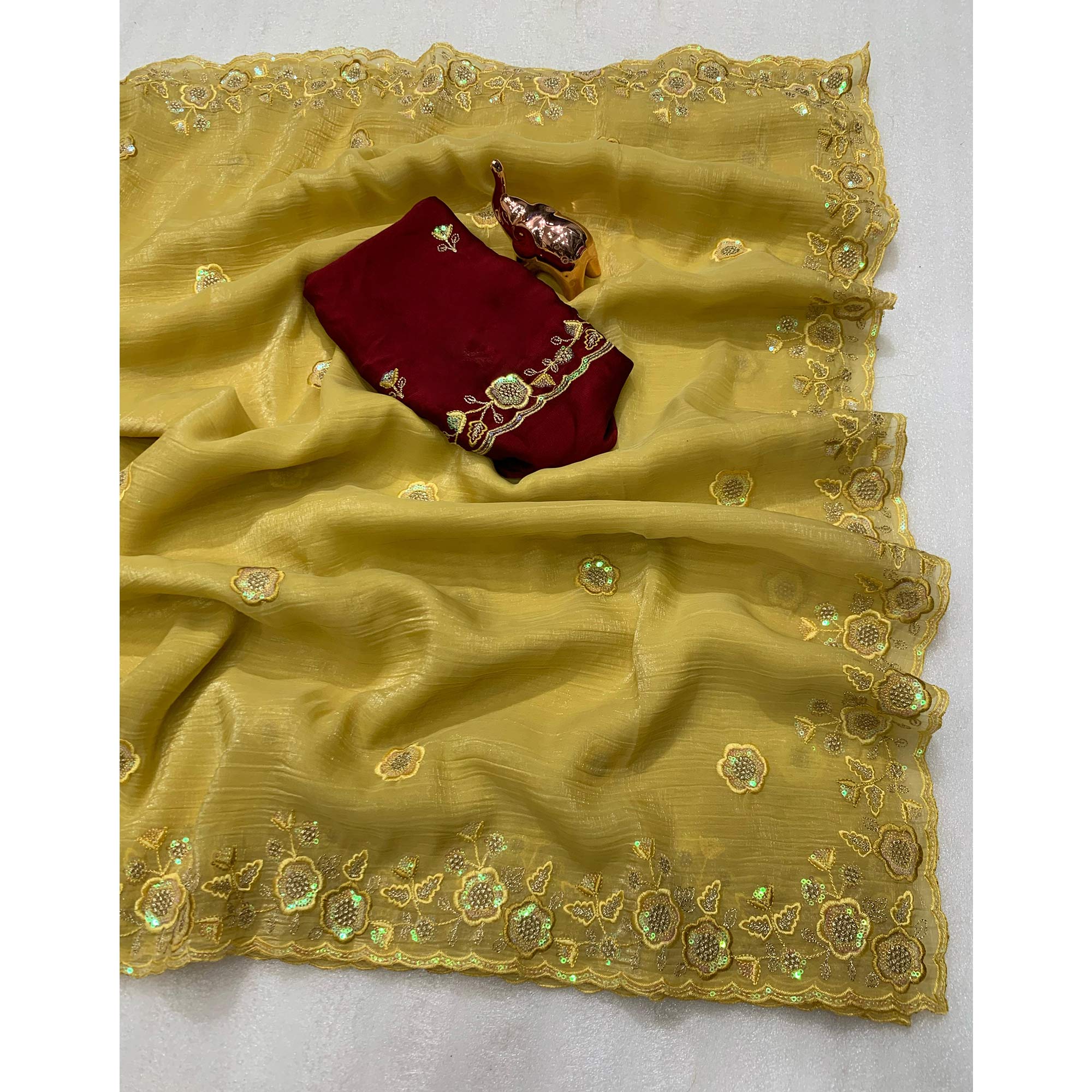 Mustard Floral Sequins Embroidered Chiffon Saree