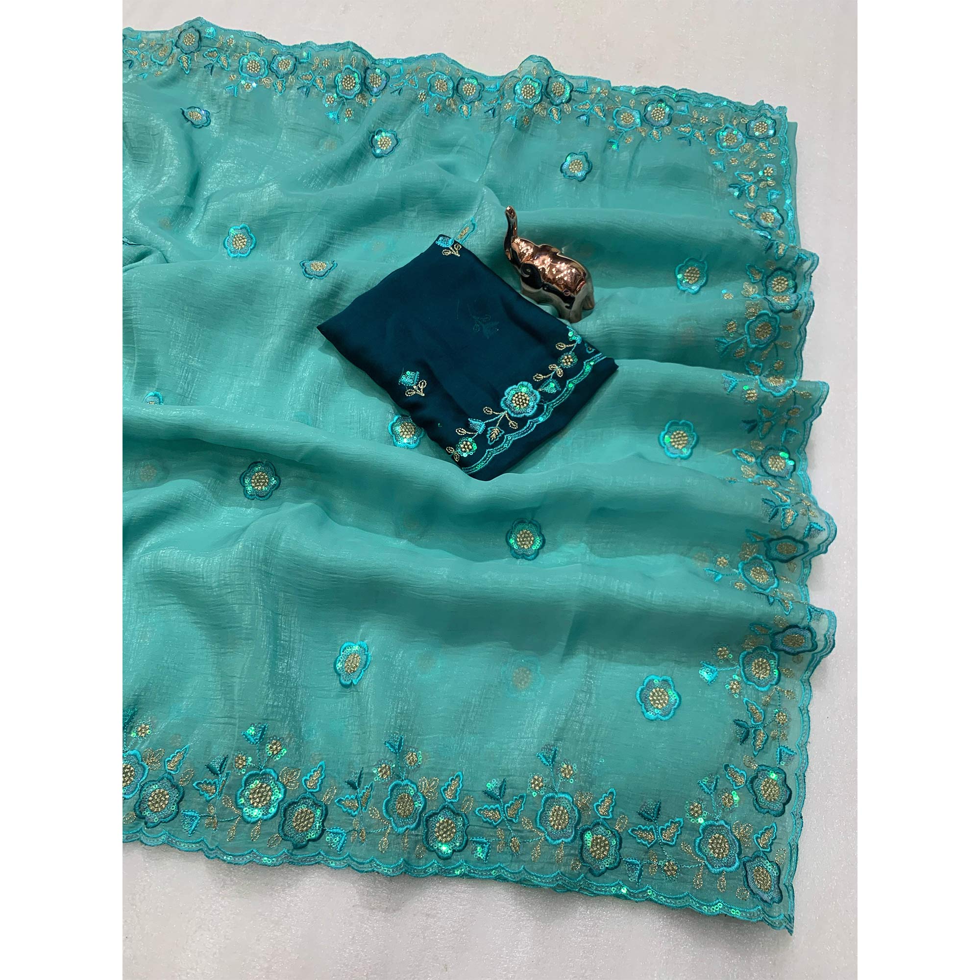 Turquoise Floral Sequins Embroidered Chiffon Saree