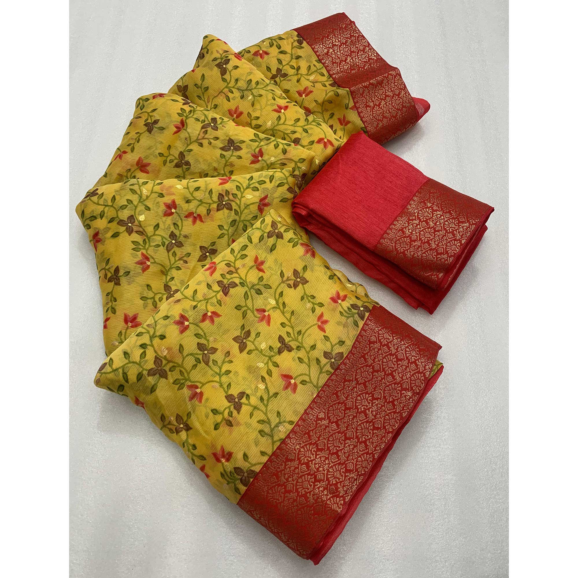 Yellow Floral Foil Printed Chiffon Saree