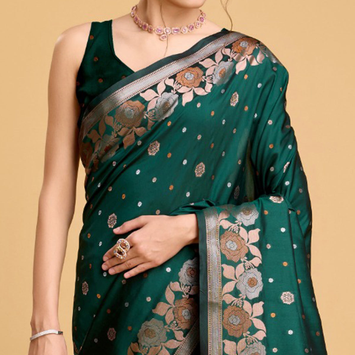 Green Floral Woven Banarasi Silk Saree