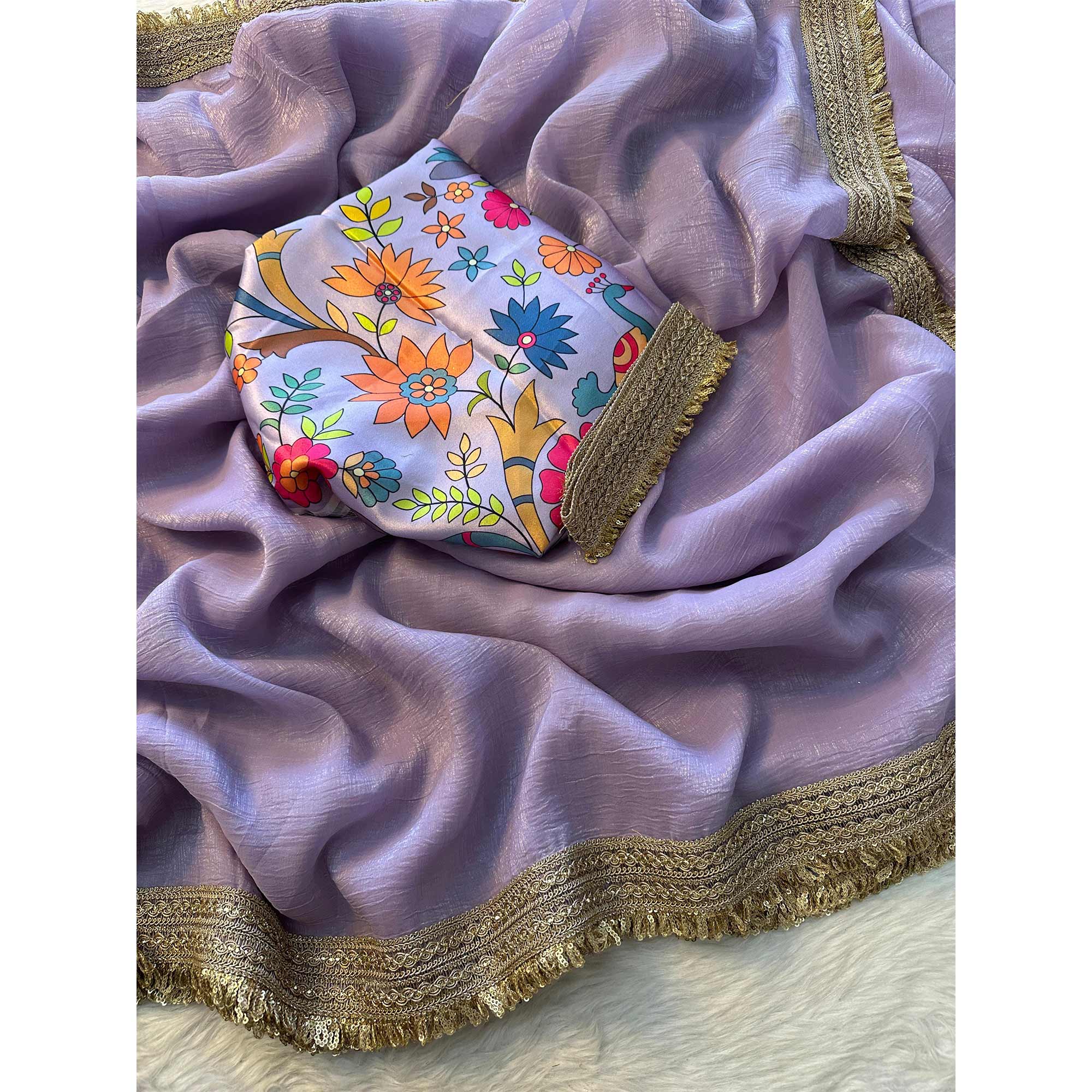 Lavender Solid Fancy Fabric Saree With Zari Sequins Lace Border