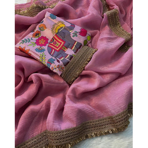 Onion Pink Solid Fancy Fabric Saree With Zari Sequins Lace Border
