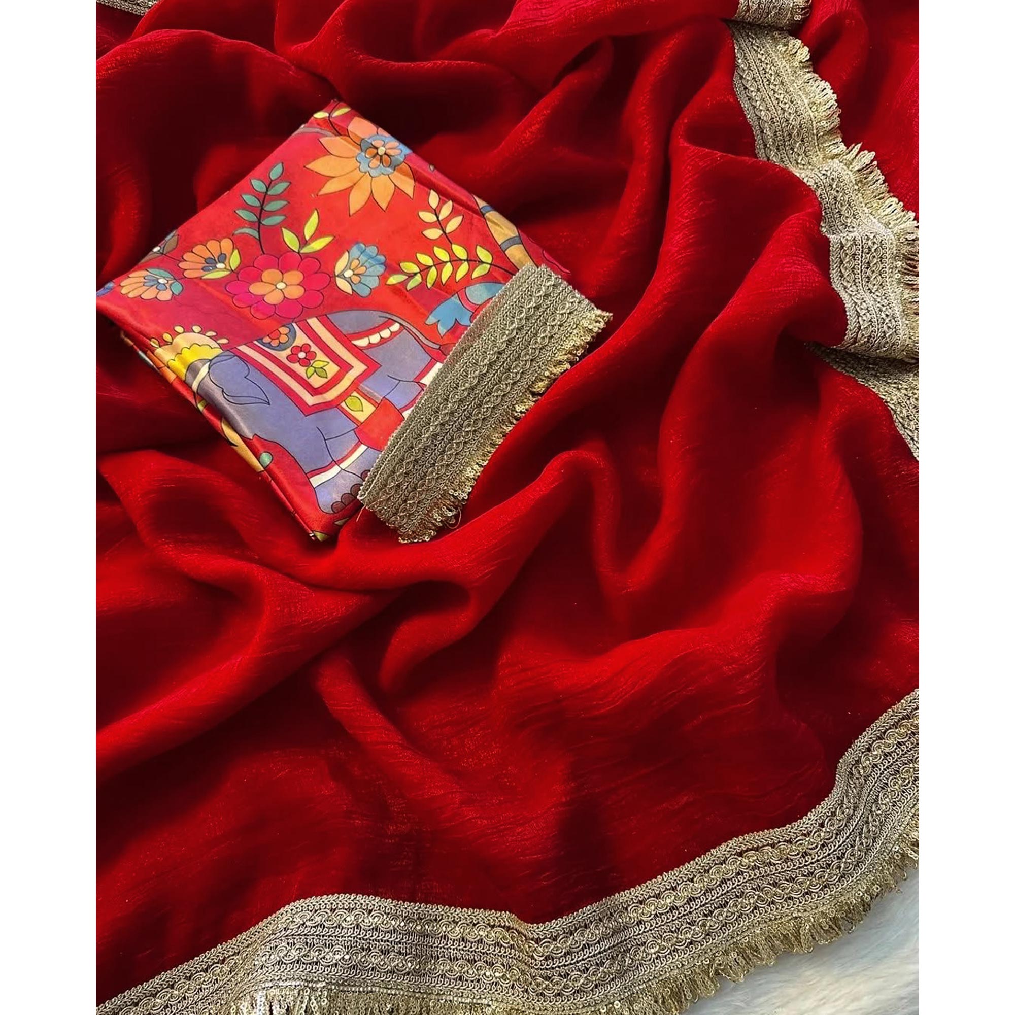 Red Solid Fancy Fabric Saree With Zari Sequins Lace Border