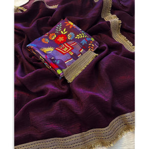 Wine Solid Fancy Fabric Saree With Zari Sequins Lace Border