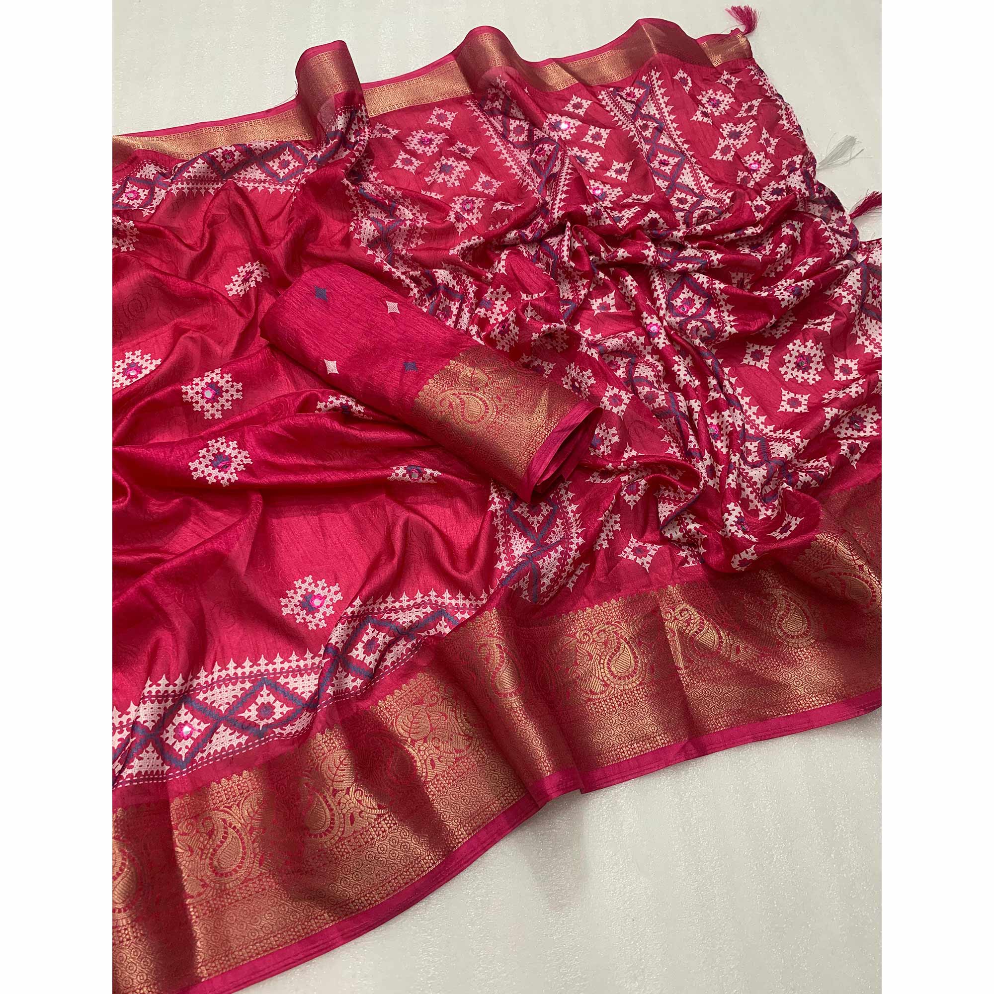 Pink Printed With Mirror Work Crepe Saree With Tassels