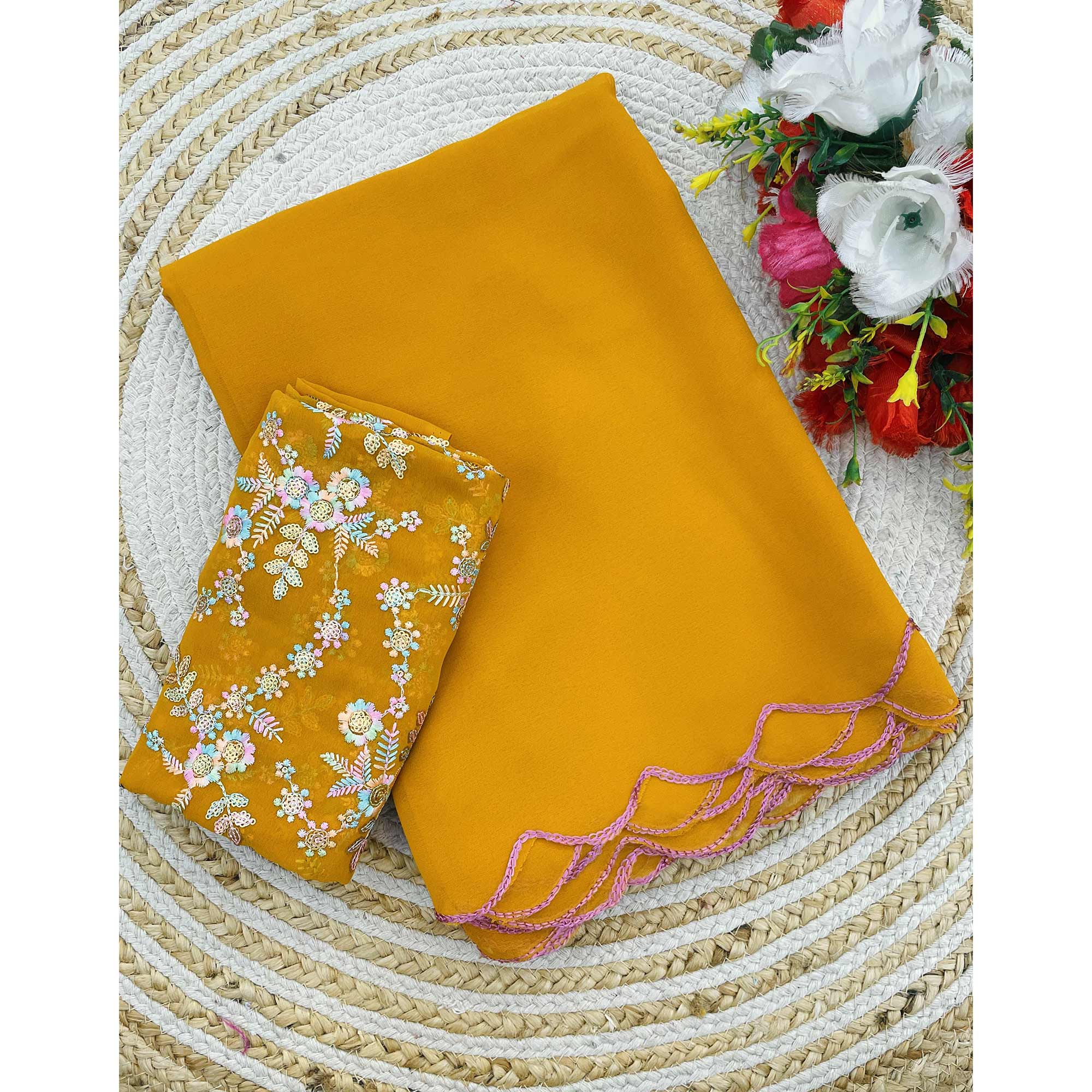 Mustard Solid Georgette Saree