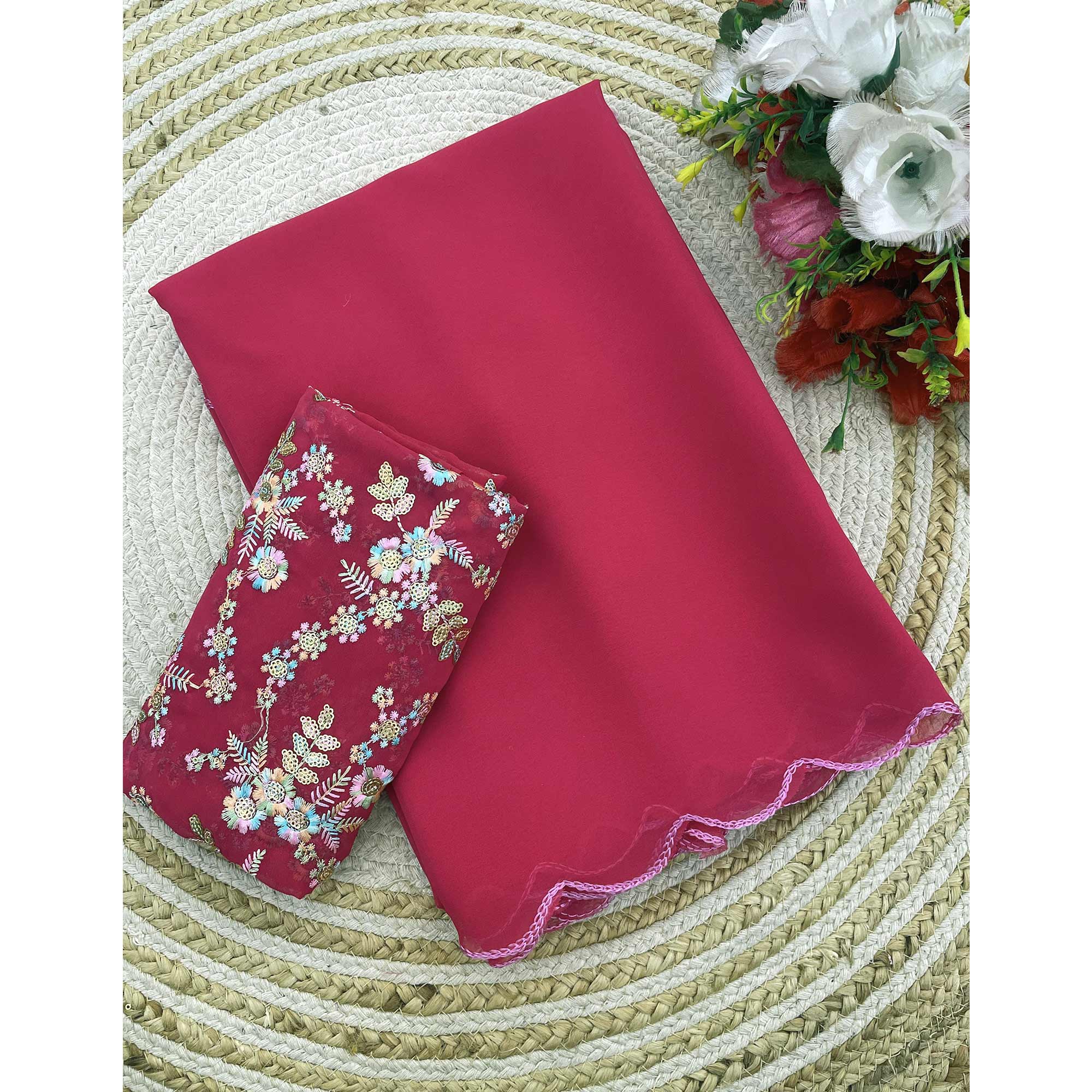 Pink Solid Georgette Saree
