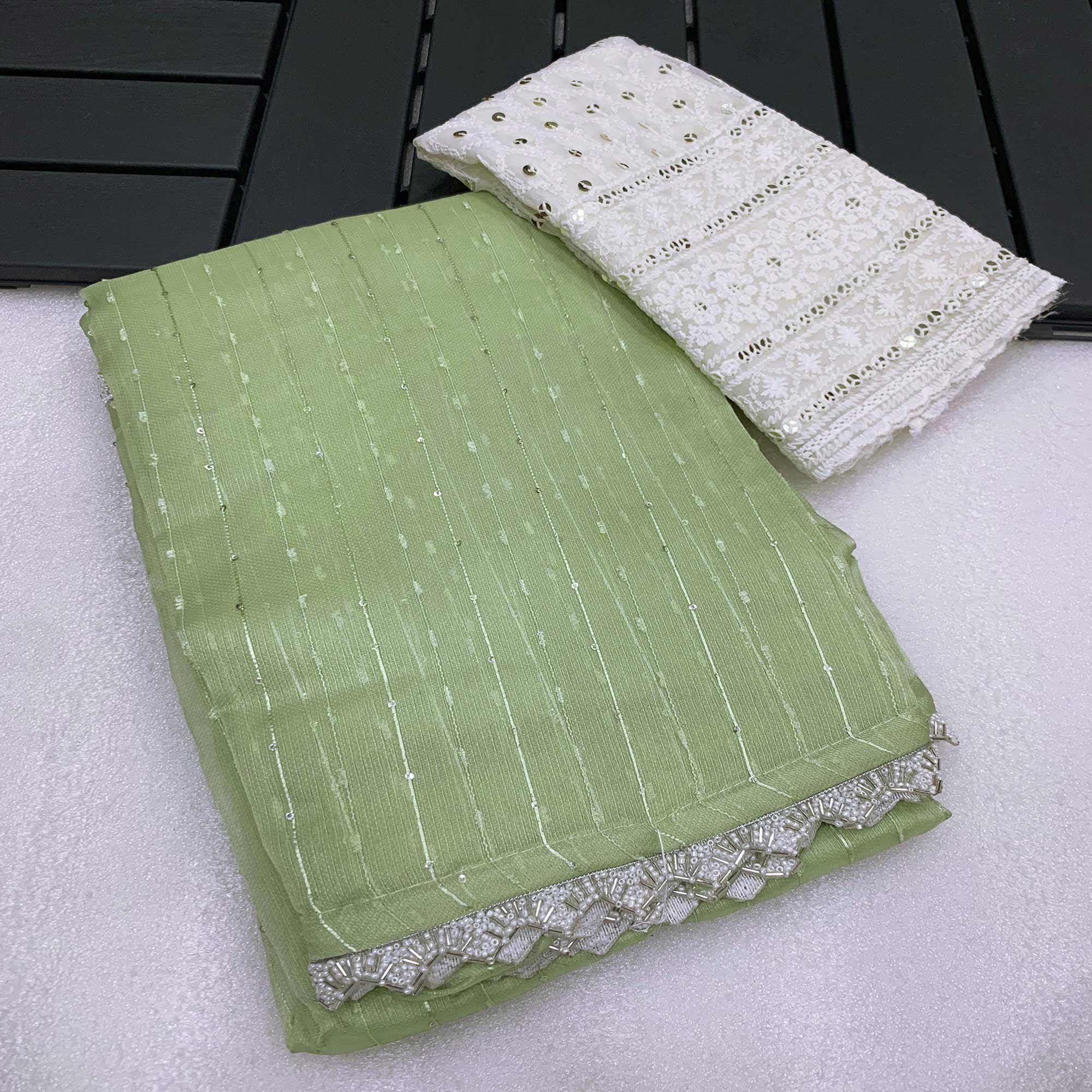 Green Sequins Embroidered Organza Saree