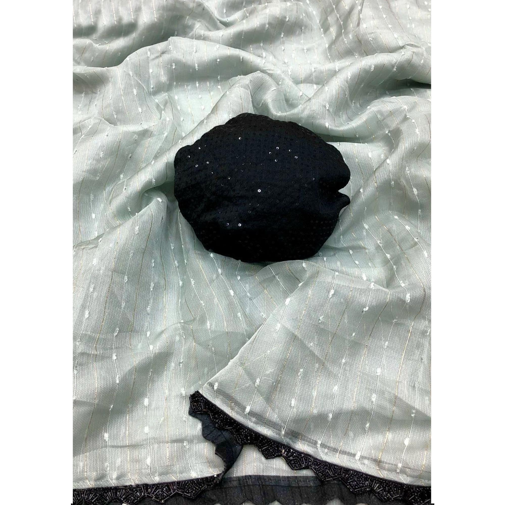 Grey Woven Organza Saree With Beads Work Border