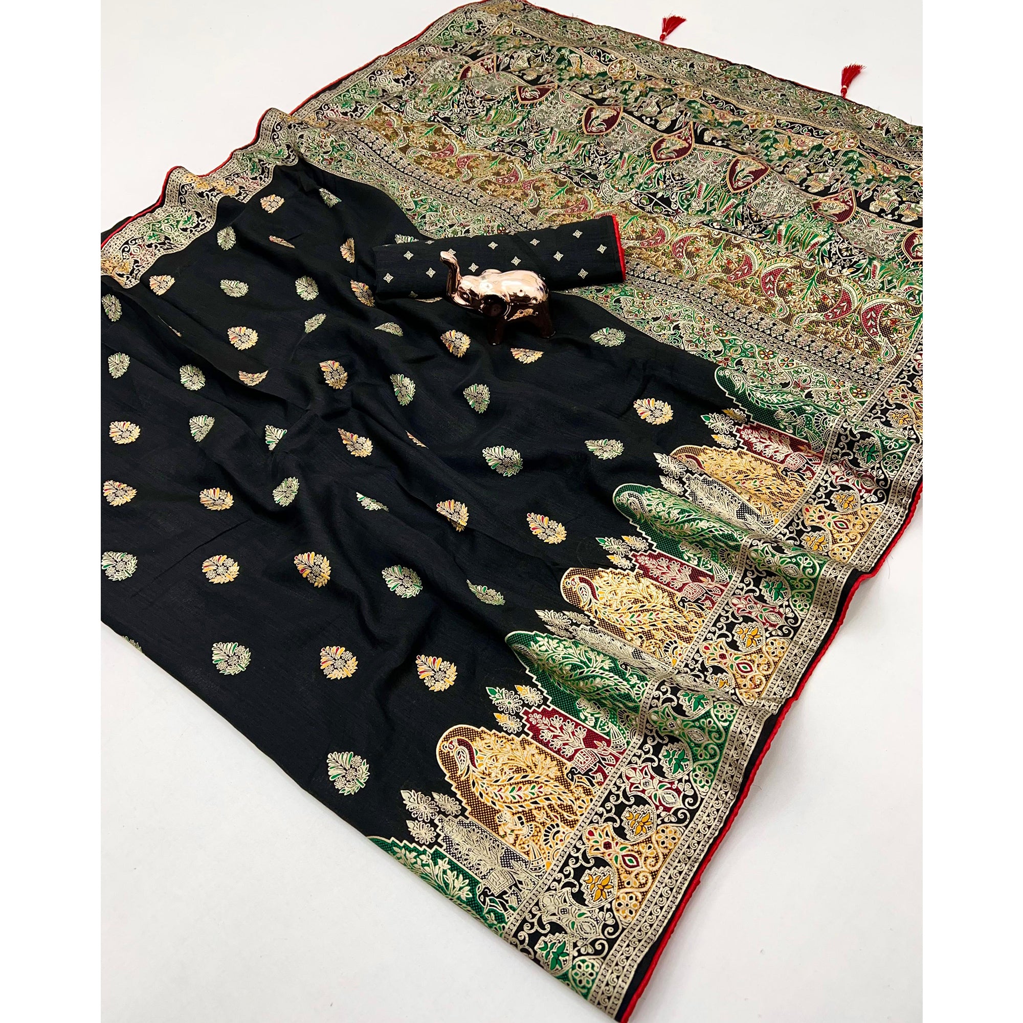 Black Luxury Pure Silk Saree Crafted With Floral Meenakari Foil Print & Trendy Tassel Pallu