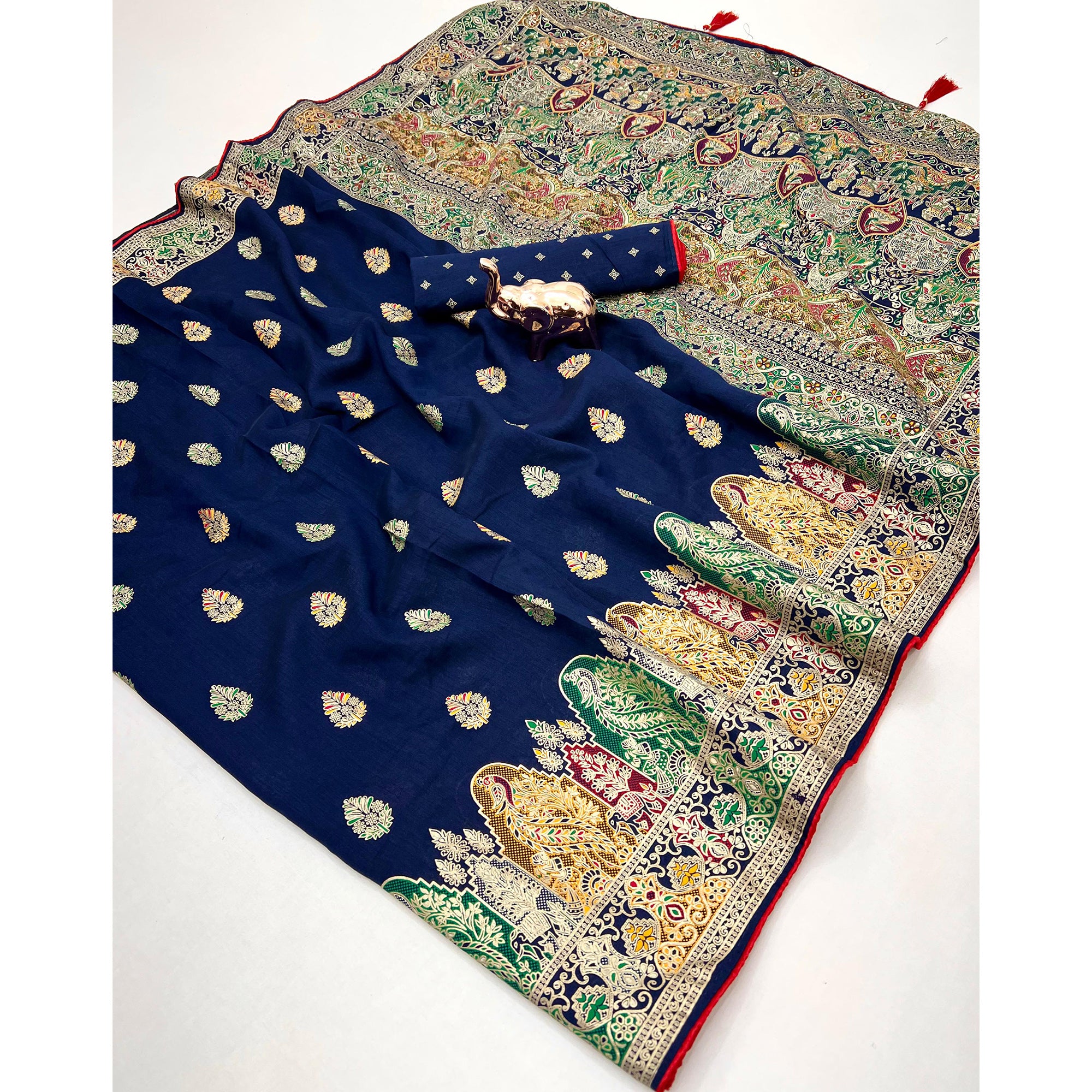 Blue Luxury Pure Silk Saree Crafted With Floral Meenakari Foil Print & Trendy Tassel Pallu