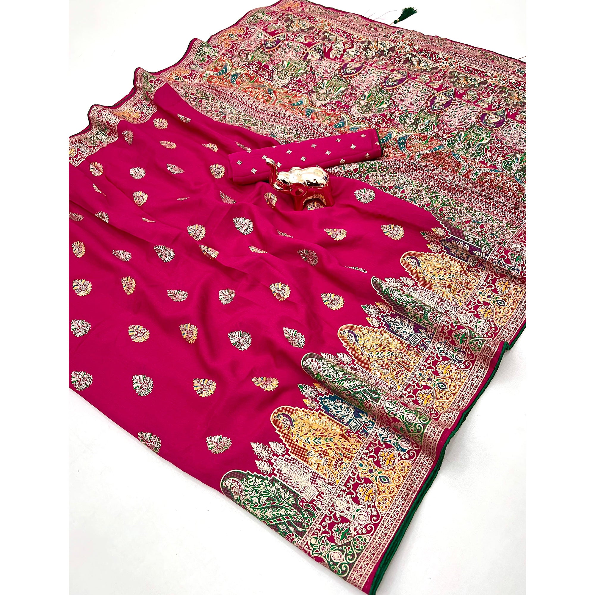 Pink Luxury Pure Silk Saree Crafted With Floral Meenakari Foil Print & Trendy Tassel Pallu