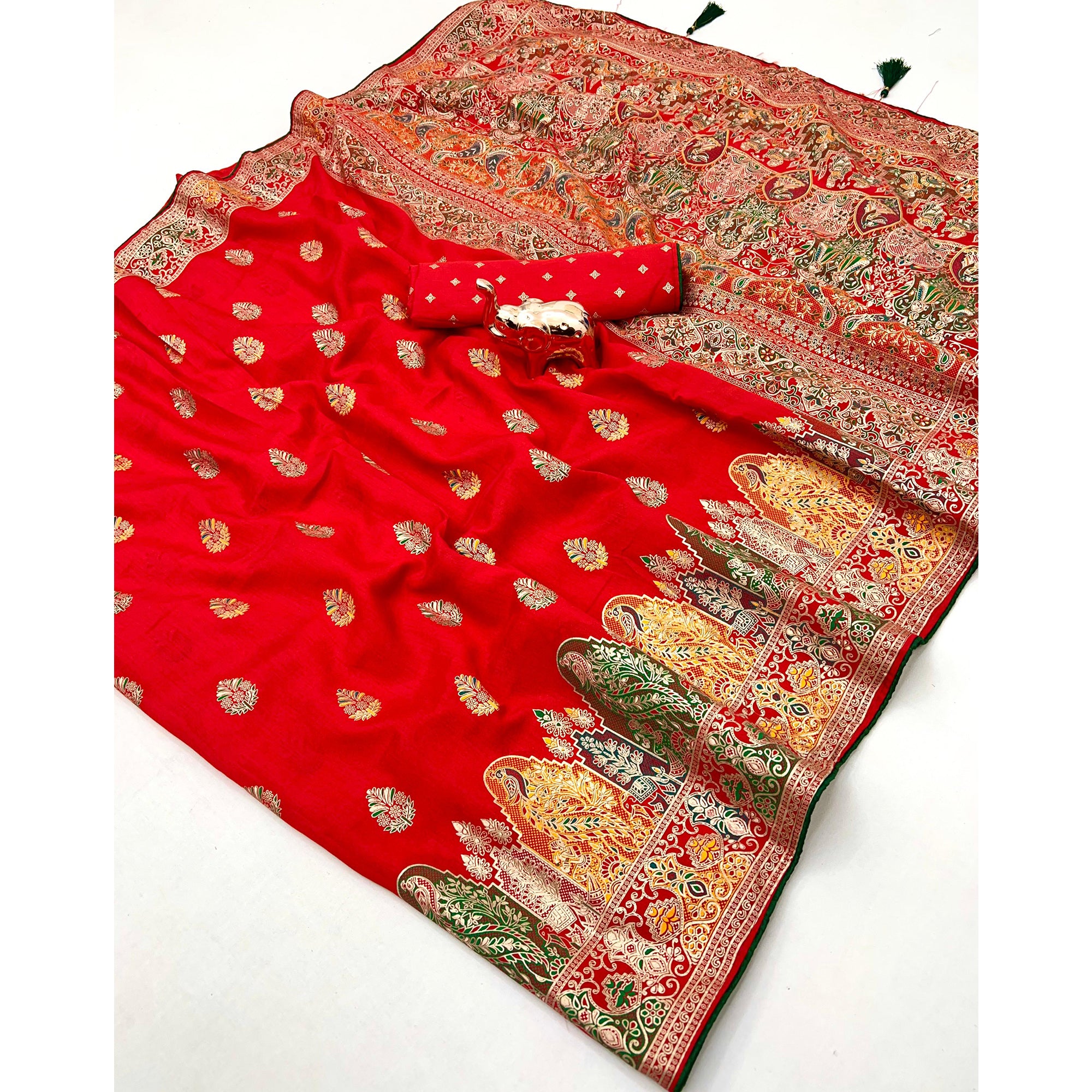 Red Luxury Pure Silk Saree Crafted With Floral Meenakari Foil Print & Trendy Tassel Pallu