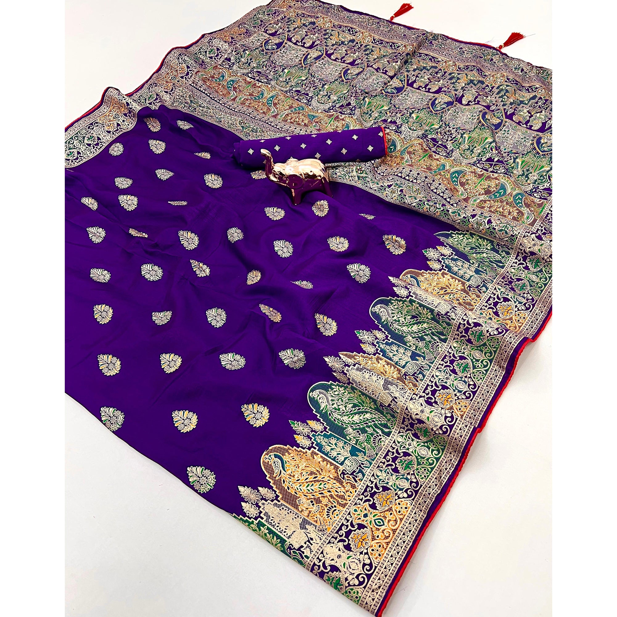 Royal Purple Luxury Pure Silk Saree Crafted With Floral Meenakari Foil Print & Trendy Tassel Pallu