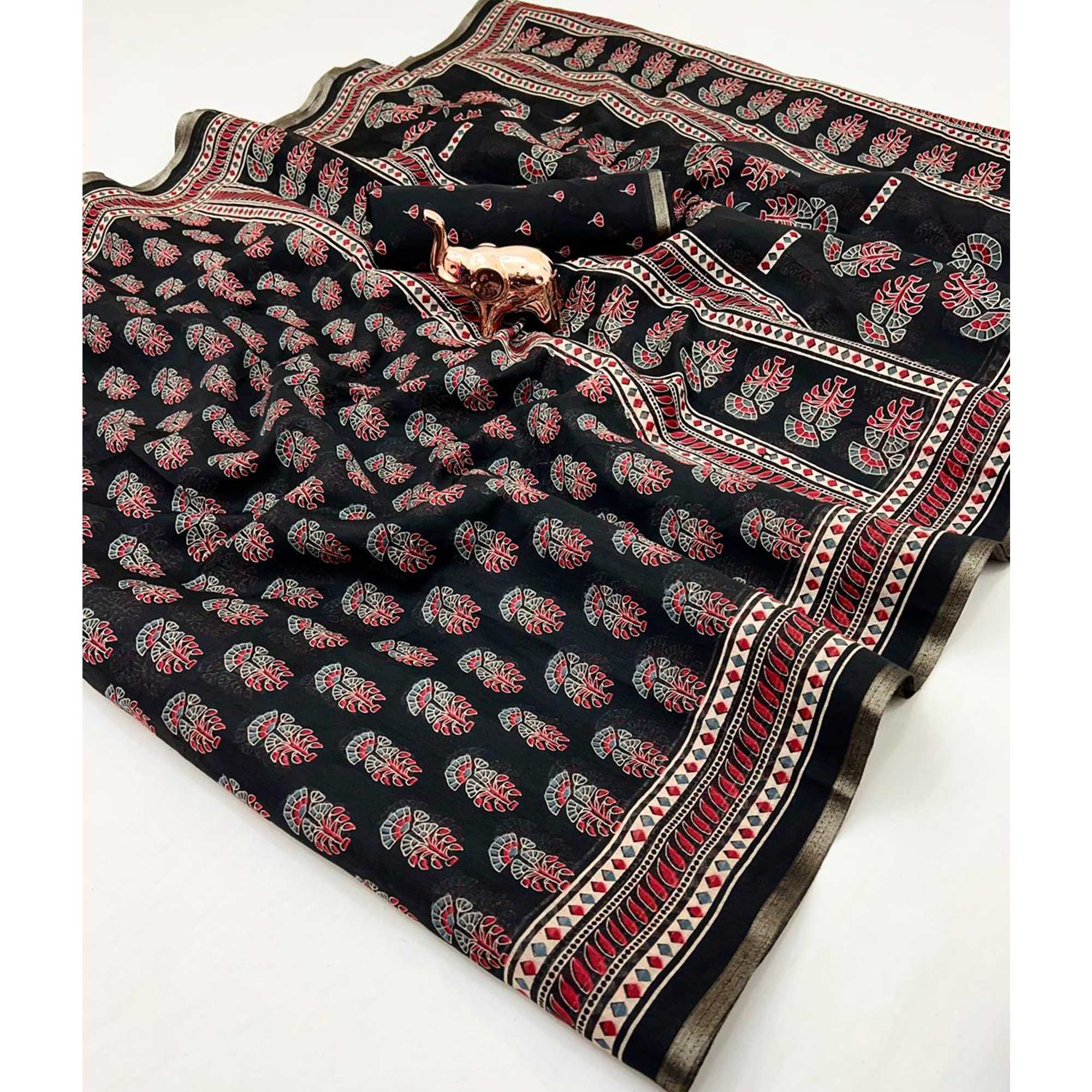 Black Floral Printed Cotton Blend Saree With Zari Weaving Border