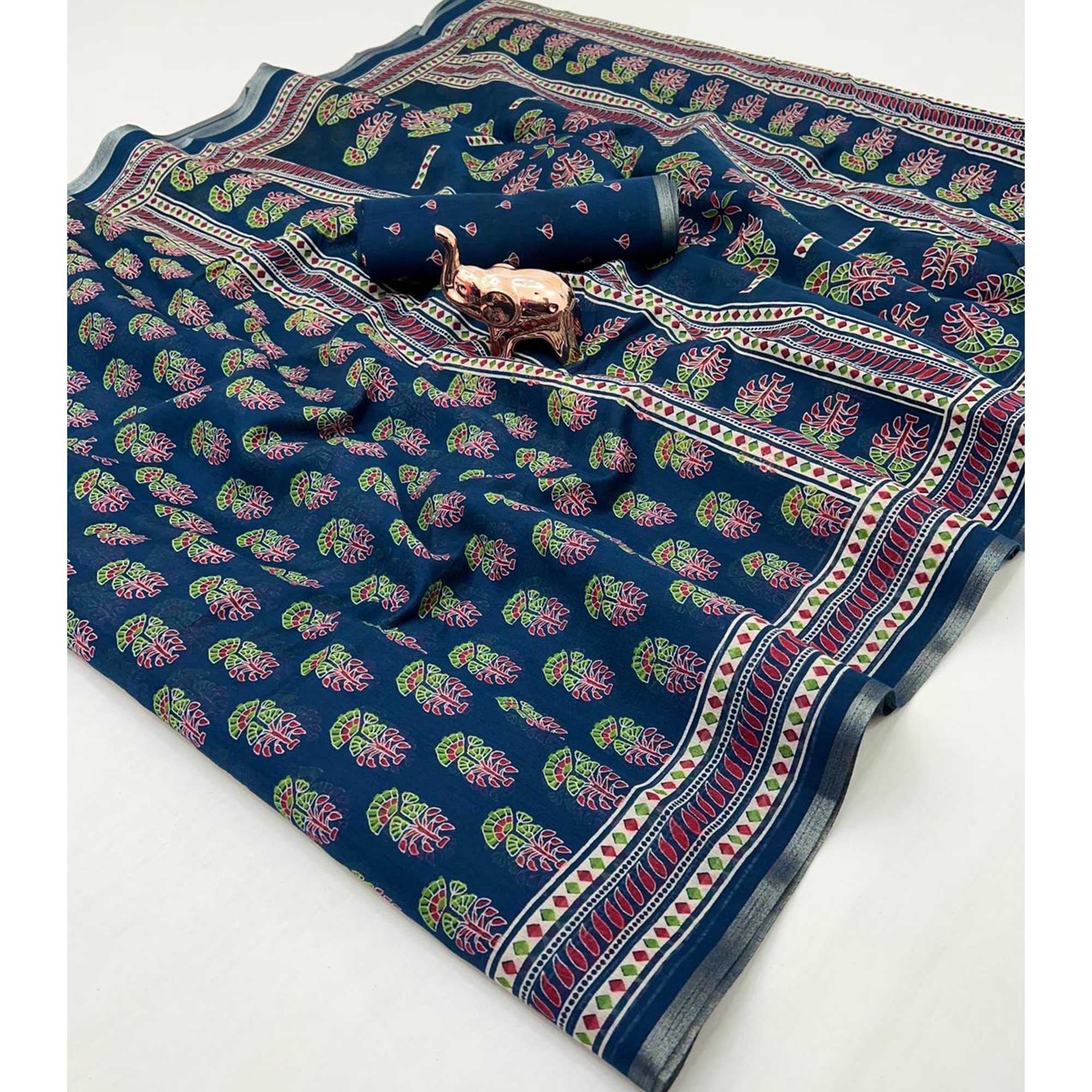 Blue Floral Printed Cotton Blend Saree With Zari Weaving Border