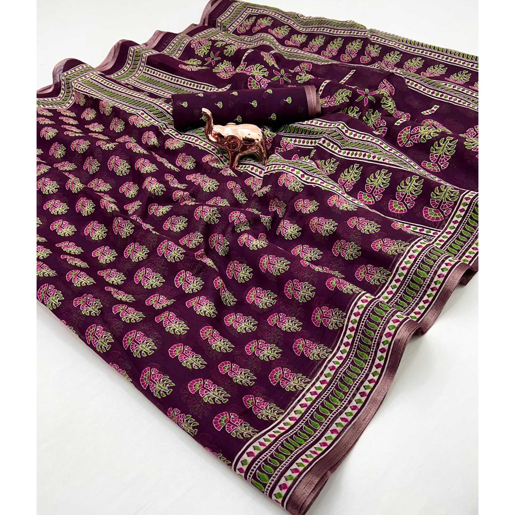 Wine Floral Printed Cotton Blend Saree With Zari Weaving Border