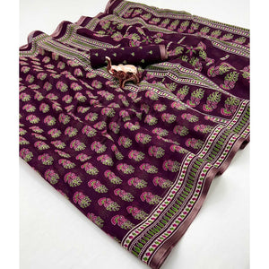 Wine Floral Printed Cotton Blend Saree With Zari Weaving Border