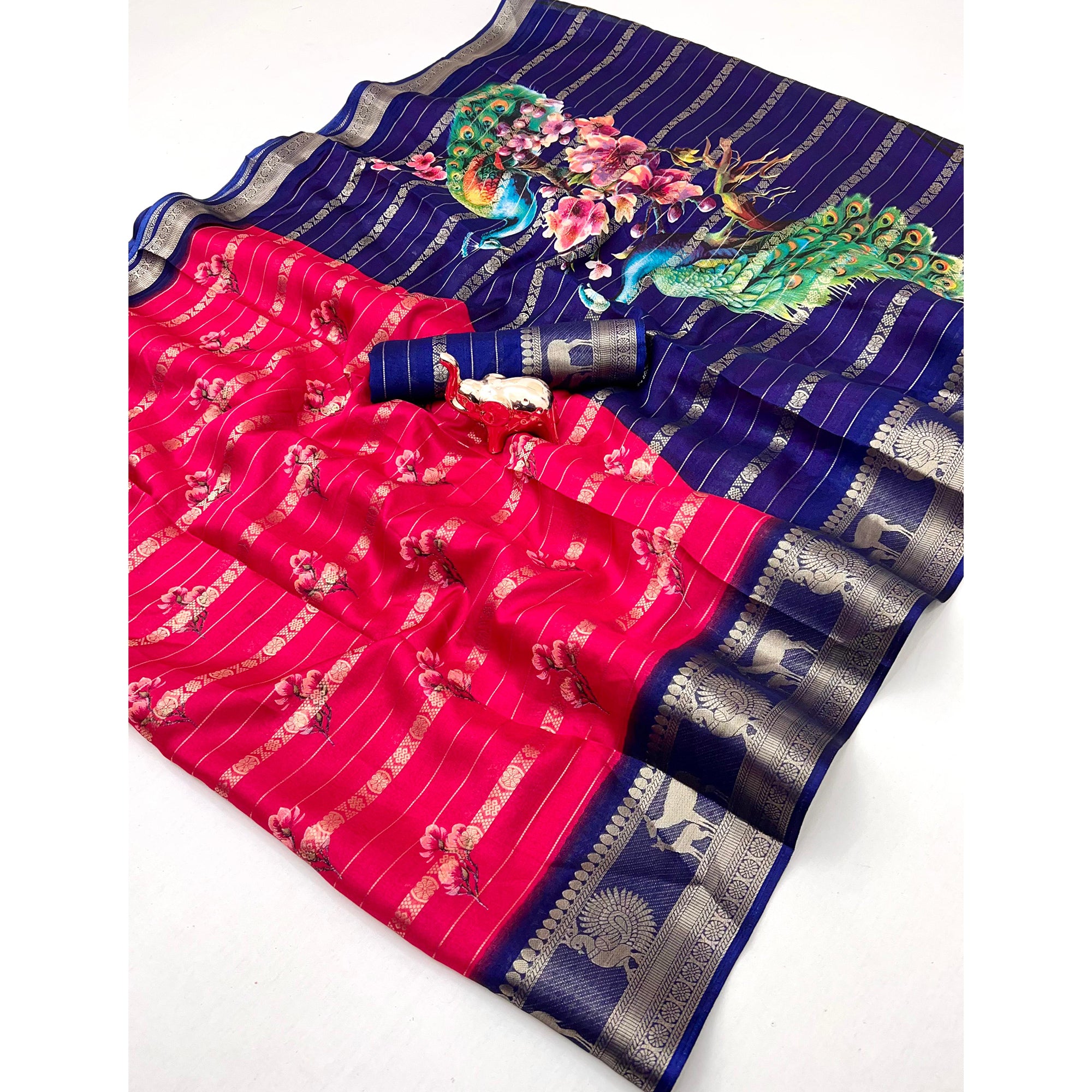Rani Pink Floral Weaving Mysore Silk Saree With Peacock Printed Pallu & Two Tone Padding Border