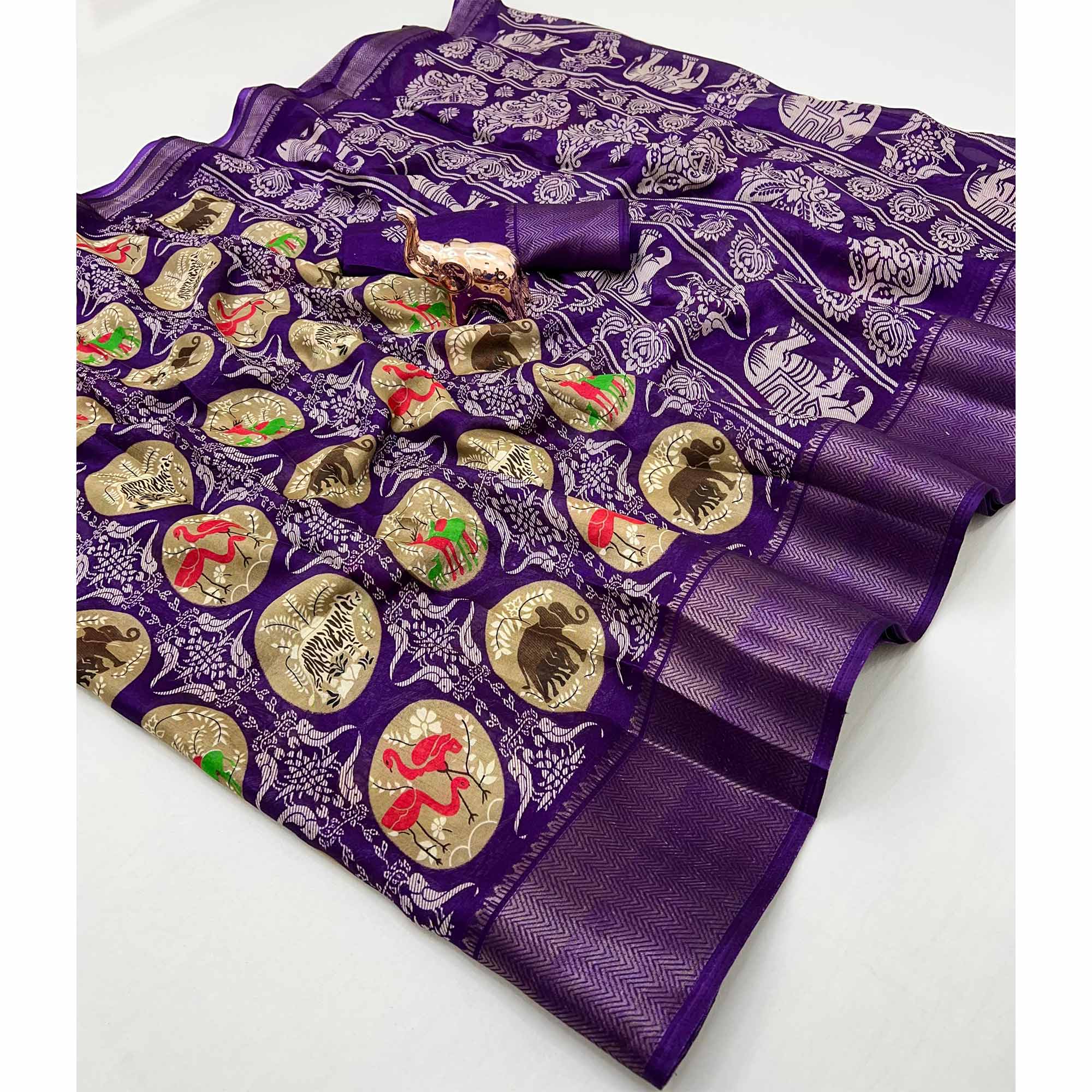 Dark Purple Printed Dola Silk Saree With Zari Woven Border