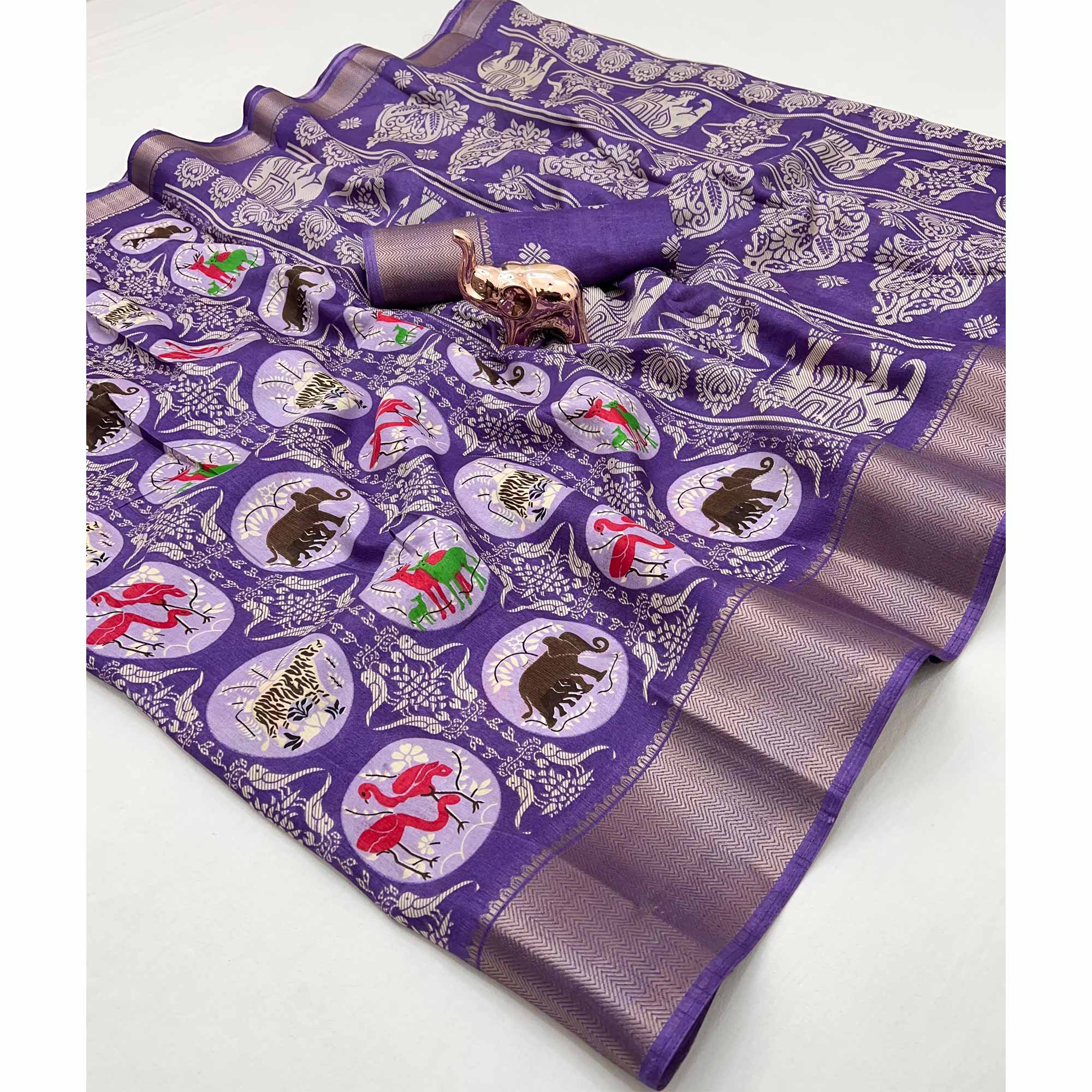 Purple Printed Dola Silk Saree With Zari Woven Border