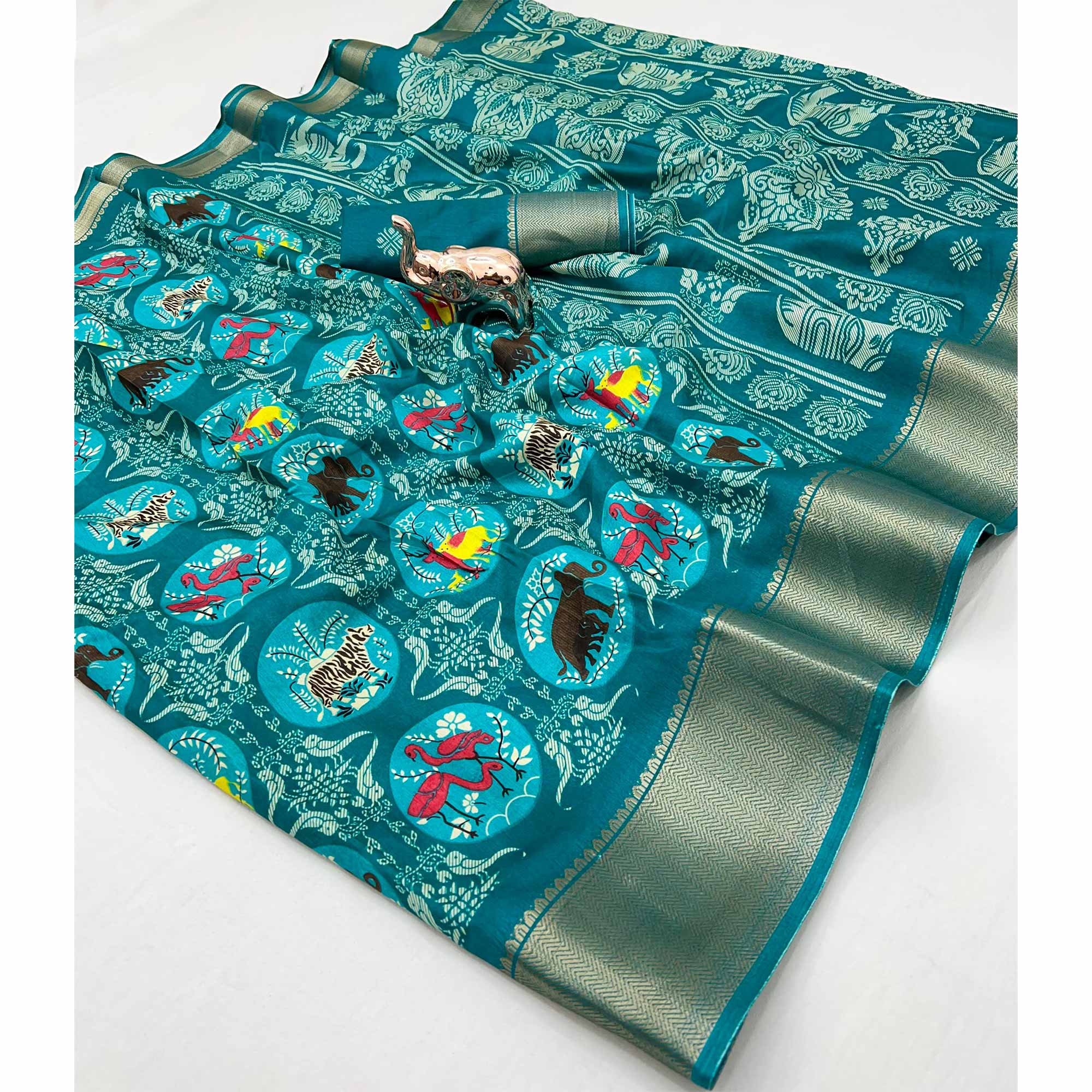 Teal Printed Dola Silk Saree With Zari Woven Border