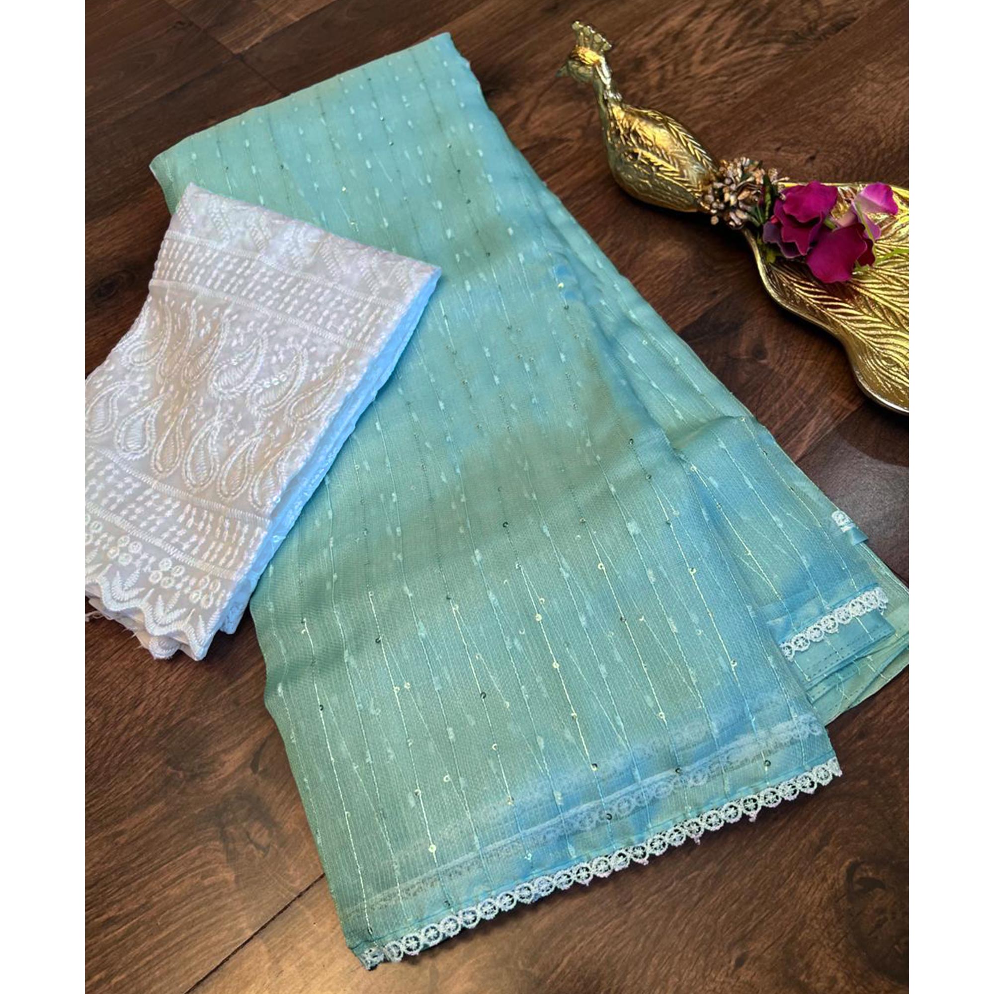Blue Sequins Embroidered Organza Saree